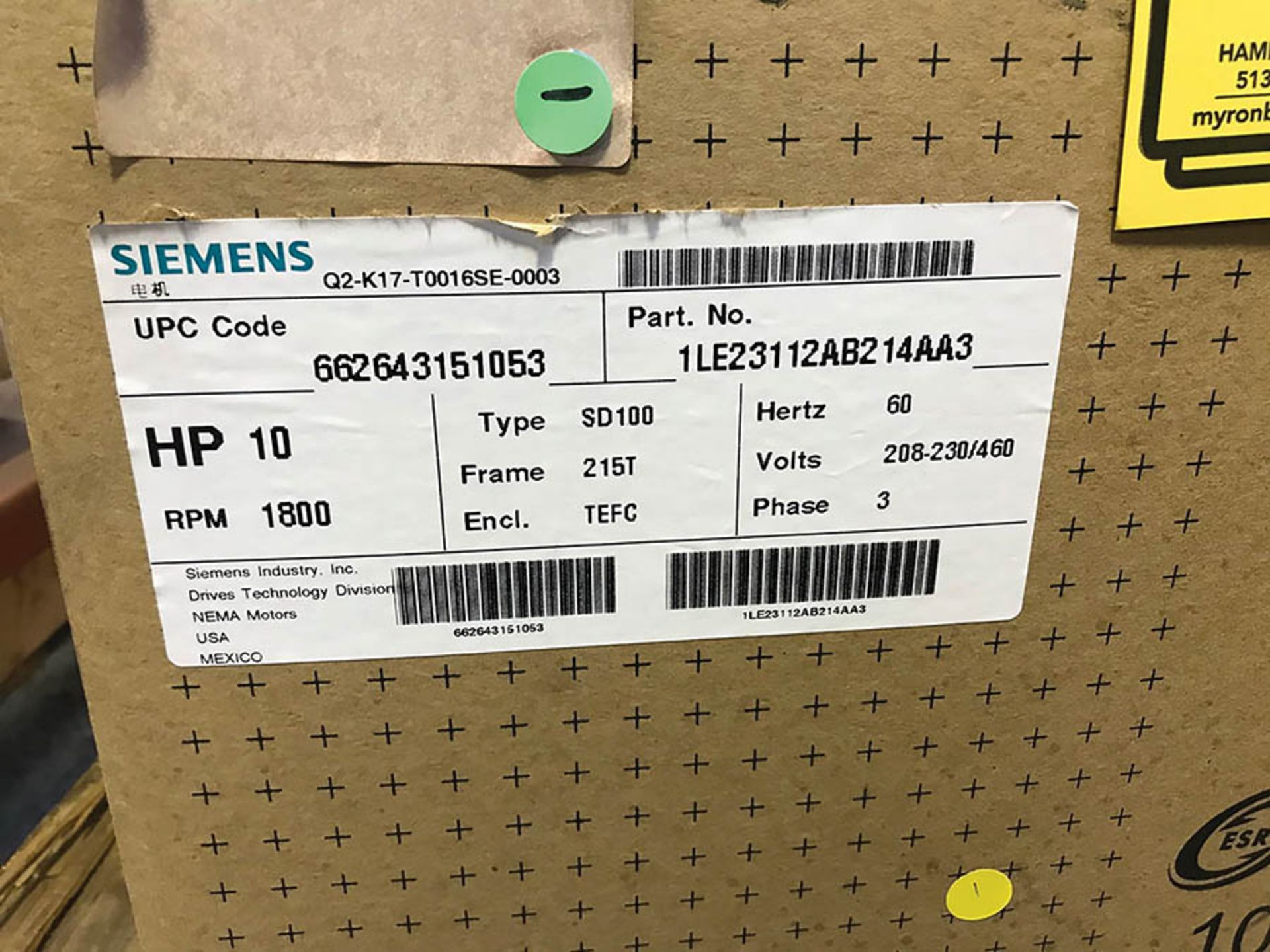 SIEMENS 10 HP MOTOR, MODEL SD100 IEEE, 1800 RPM, 215T FRAME, 460V, 3PH, (NEW) - Image 2 of 2