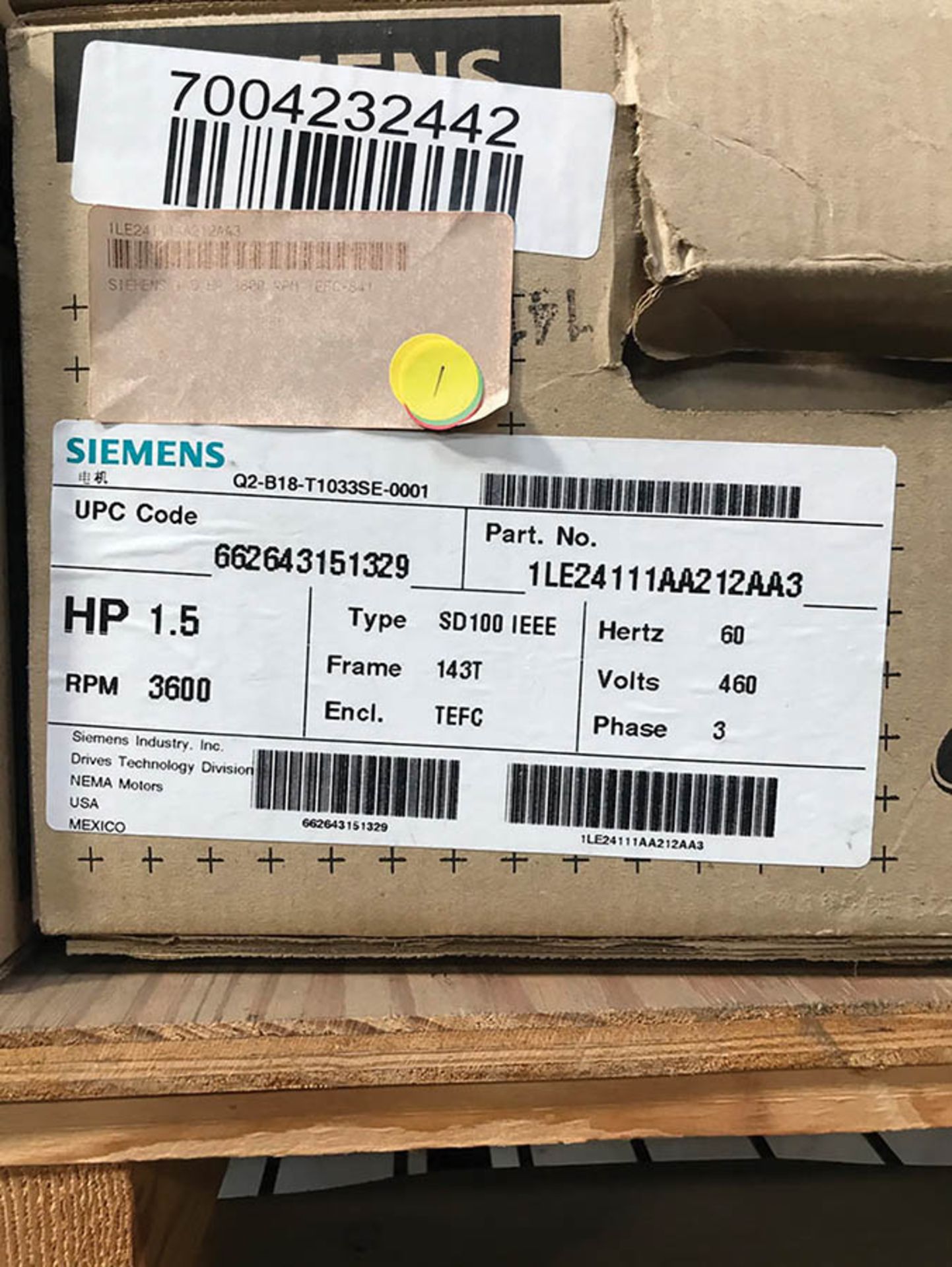 (X5) SIEMENS 1.5 HP MOTORS, (1) TYPE SD100 IEEE, 145T FRAME, 1800 RPM, 460V, 3PH, (2) TYPE SD100 - Image 4 of 5