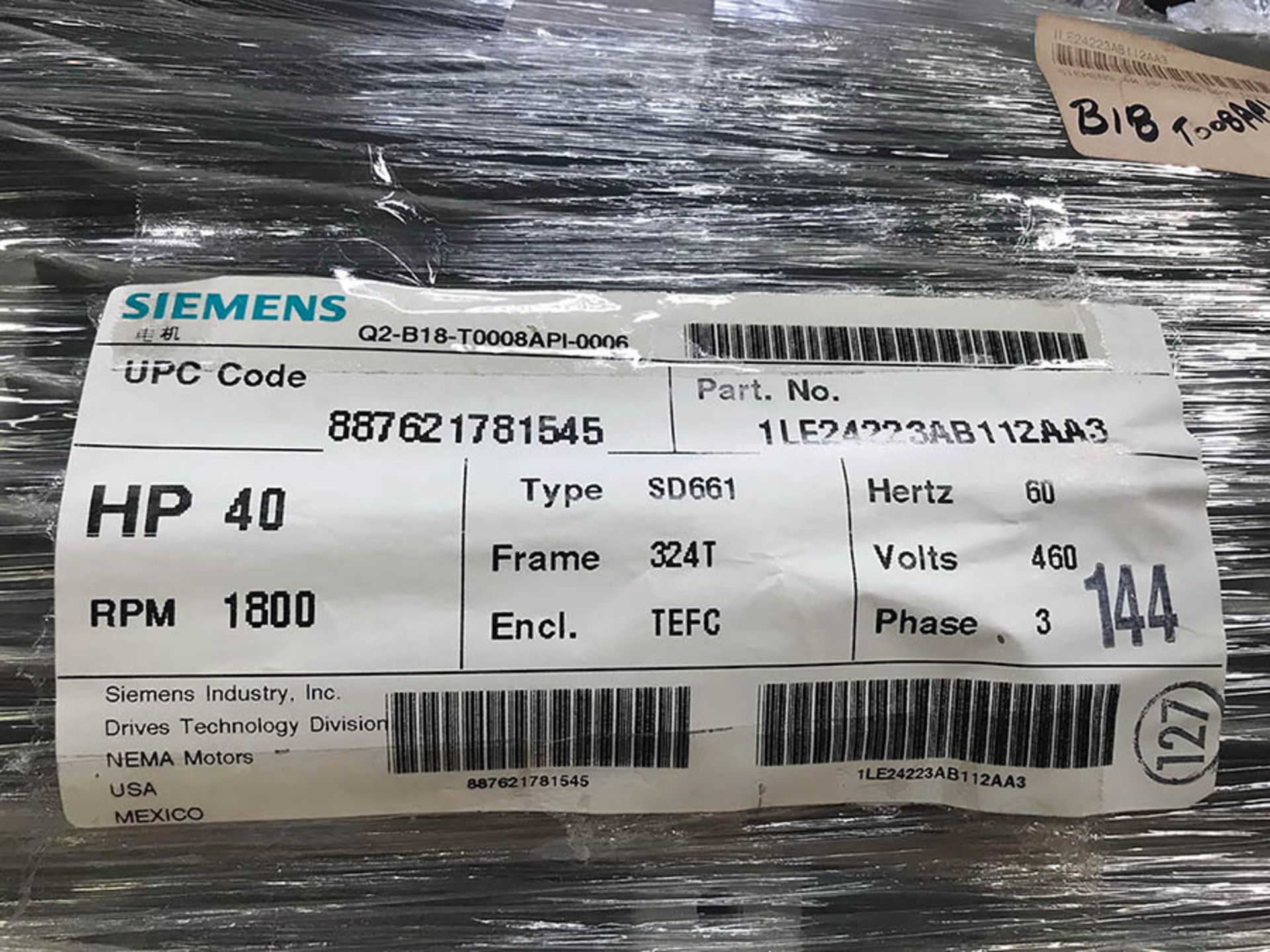 SIEMENS 40 HP MOTOR, MODEL SD661, 1800 RPM, 324T FRAME, 460V, 3PH, (NEW) - Image 2 of 2