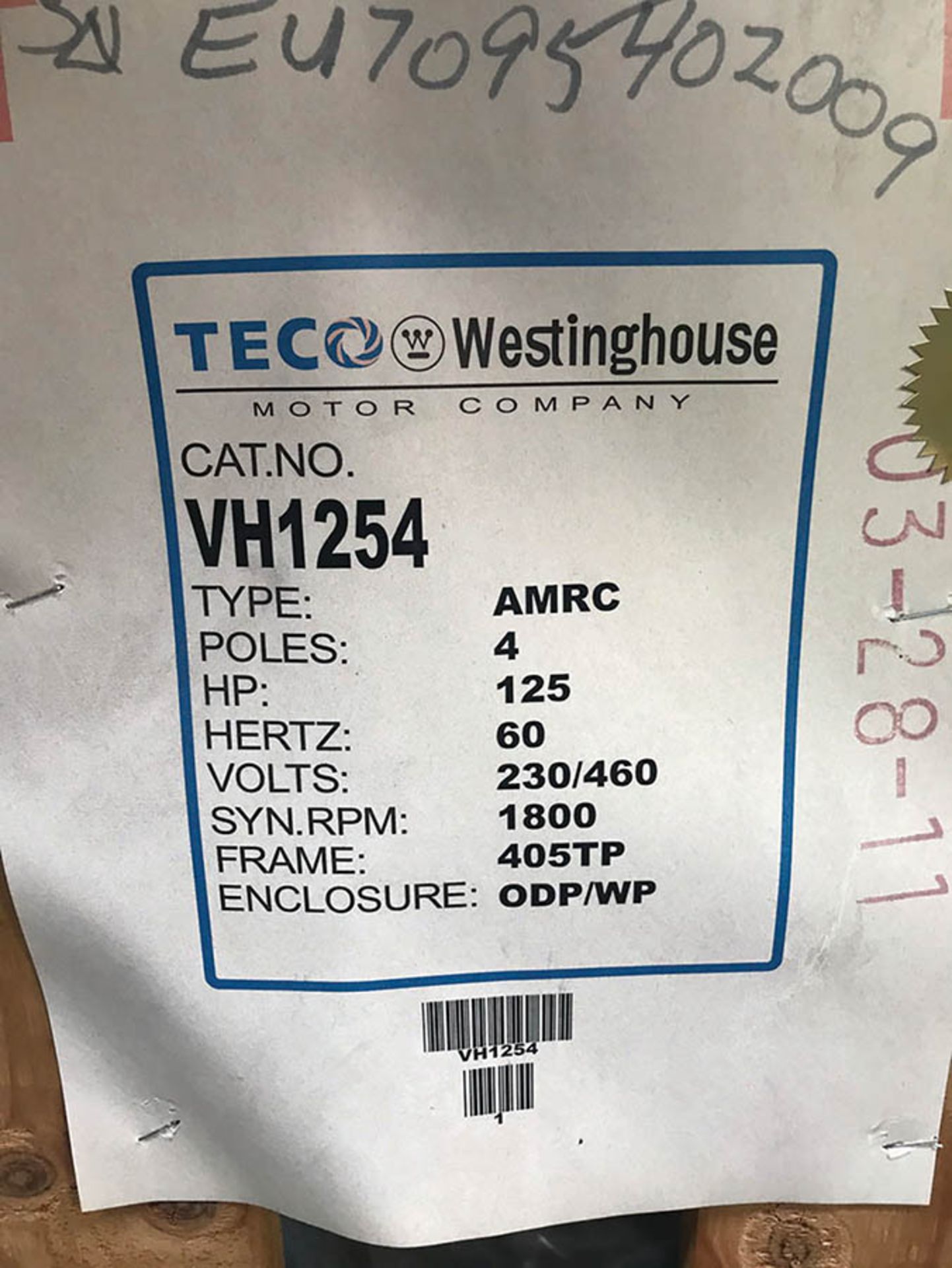 WESTINGHOUSE 125 HP VERTICAL MOTOR, MODEL AMRC, 1800 RPM, 405TP FRAME, 230/460V, 3PH, (NEW) - Image 3 of 3