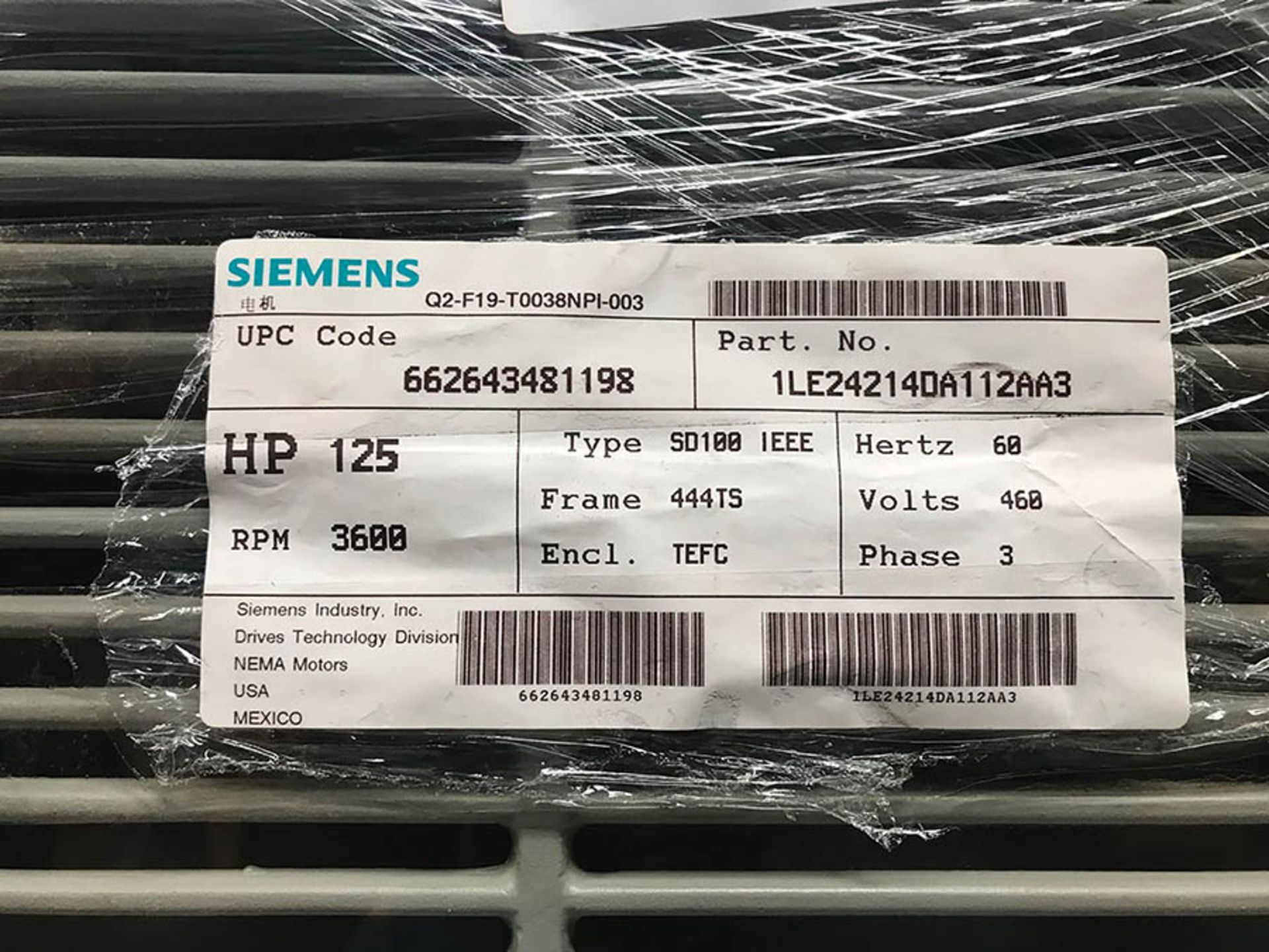 SIEMENS 125 HP MOTOR, MODEL SD100 IEEE, 3600 RPM, 444TS FRAME, 460V, 3PH, (NEW) - Image 2 of 2