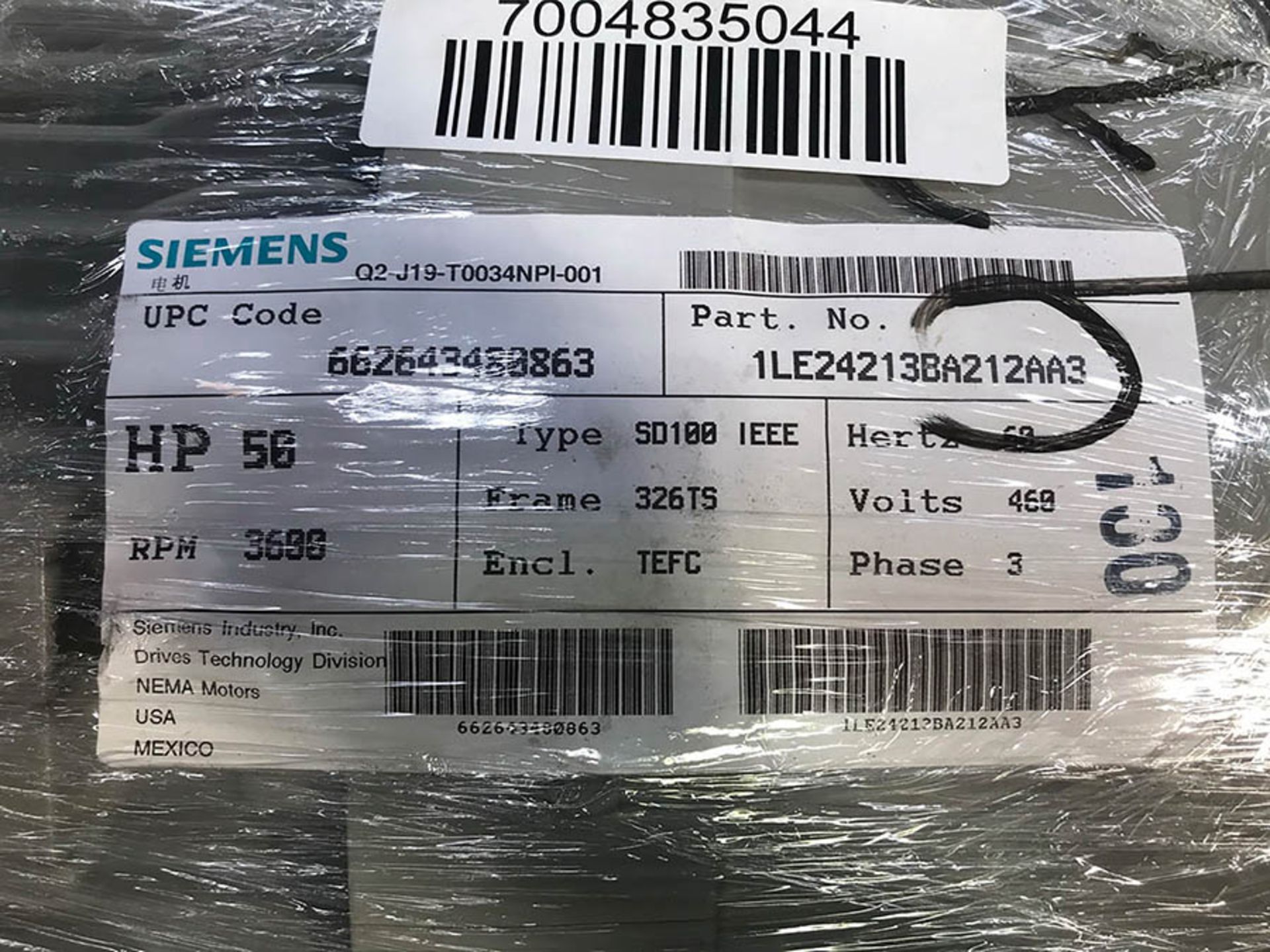 SIEMENS 50 HP MOTOR, MODEL SD100 IEEE, 3600 RPM, 326TS FRAME, 460V, 3PH, (NEW) - Image 2 of 2