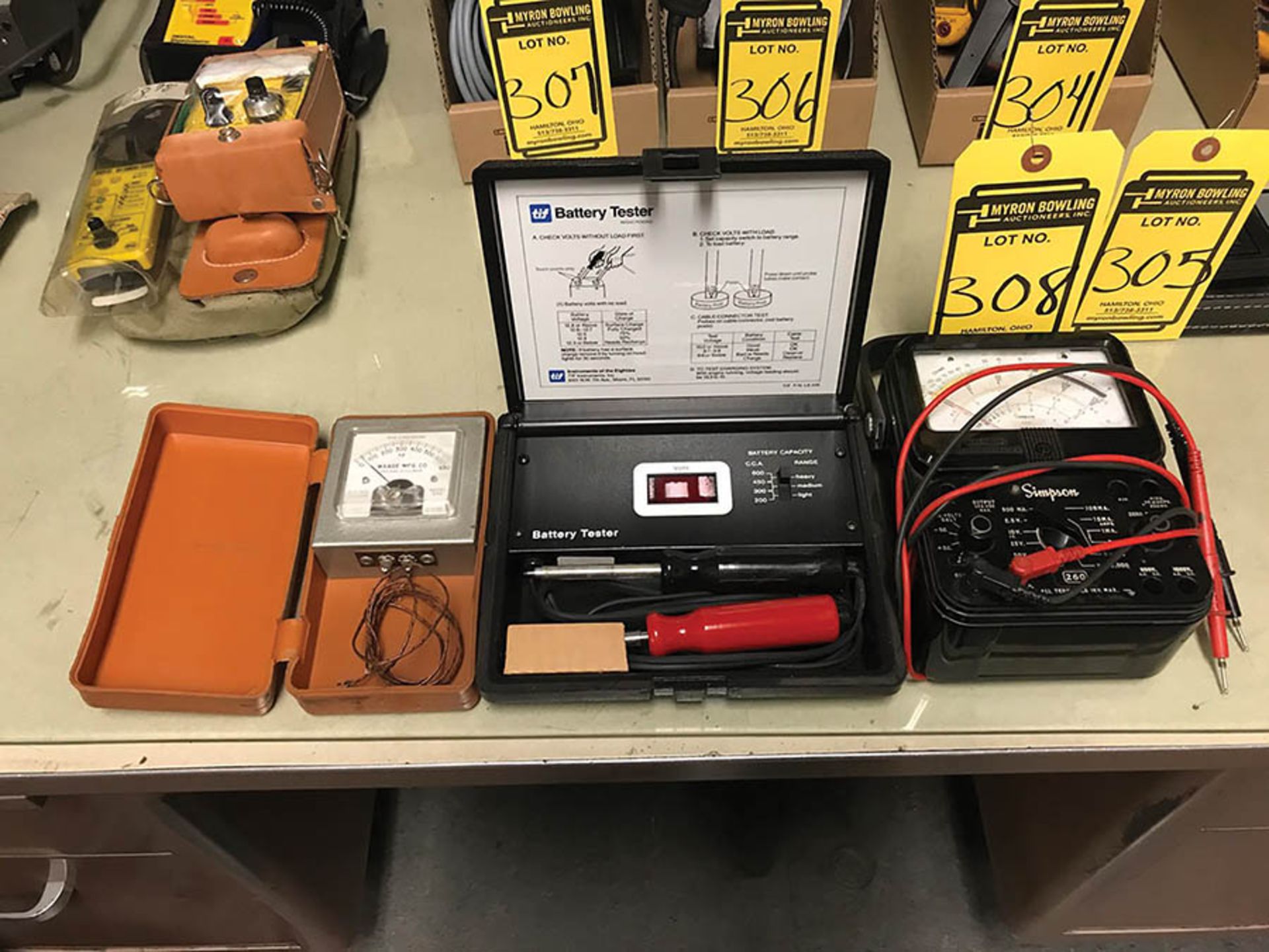 (X3) TEST UNITS, (1) SIMPSON MODEL 26C OHMMETER, (1) WAAGE MODEL 649 OHMMETER, & (1) TIF BATTERY