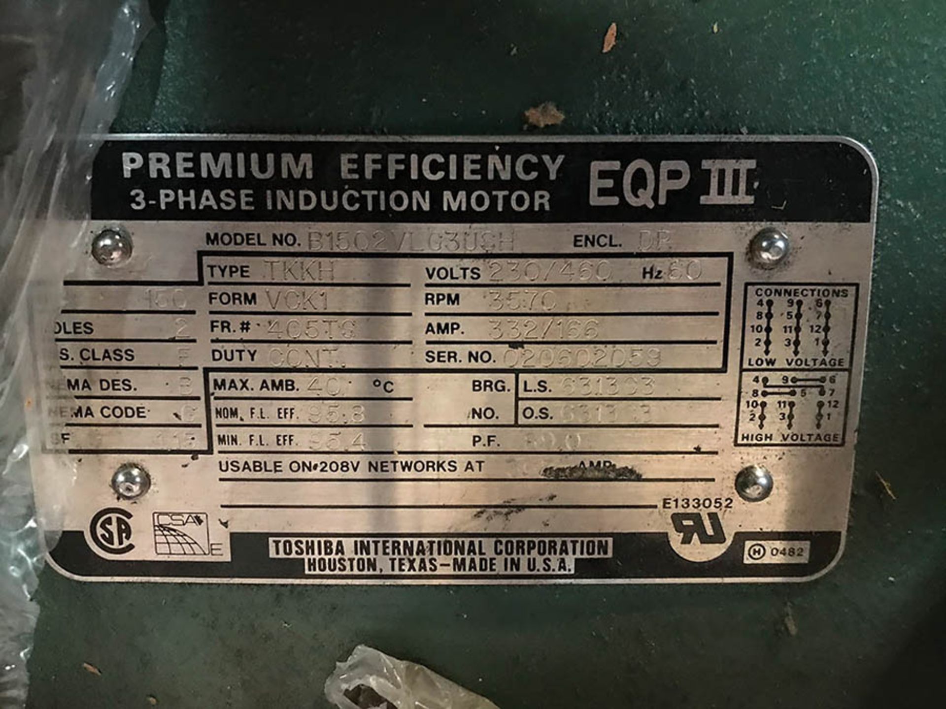 TOSHIBA 150 HP MOTOR, MODEL B1502VLG33USH, 3570 RPM, 405TS FRAME, 230/460V, 332/166A, 3PH, (NEW) - Image 2 of 2