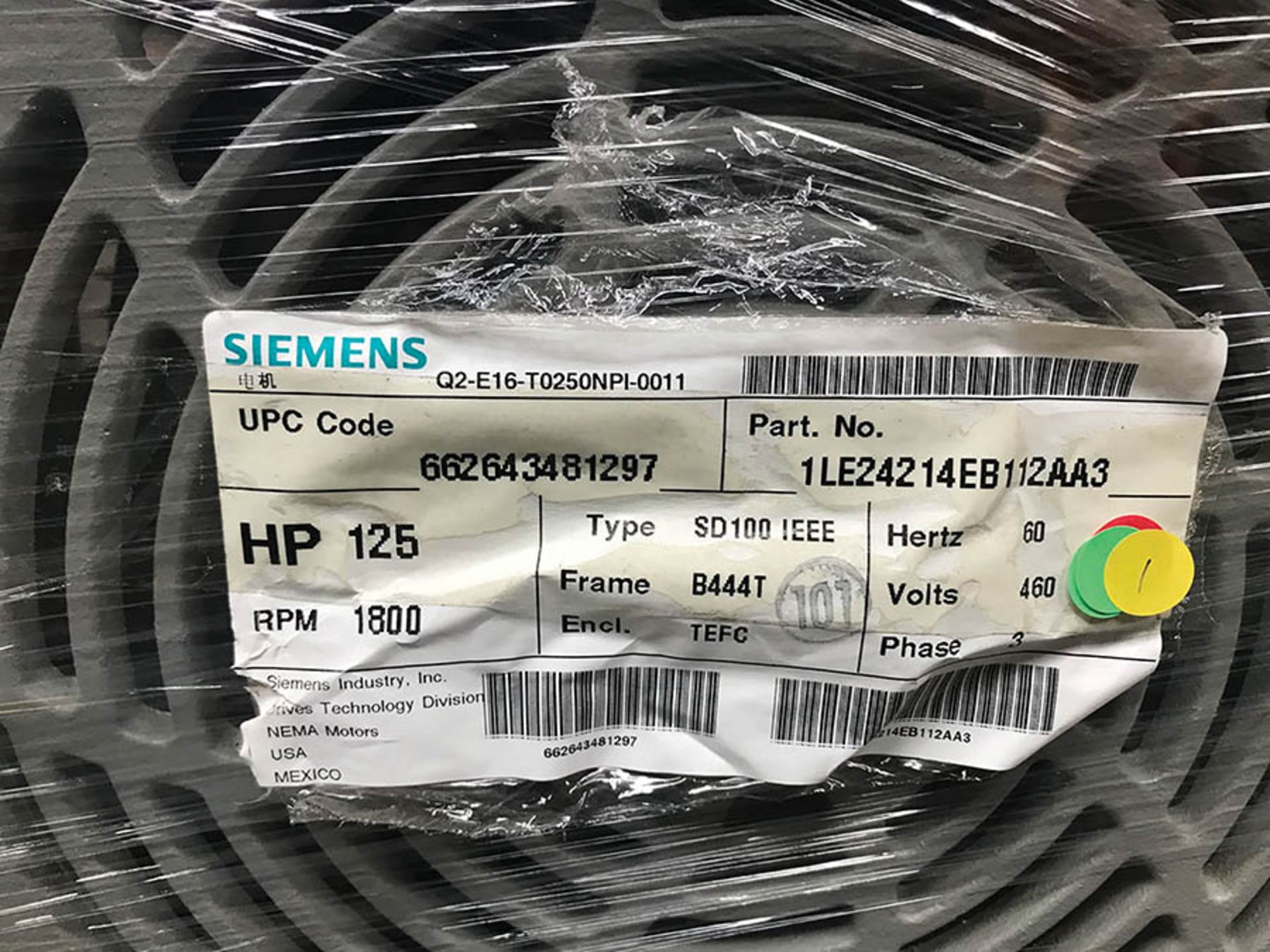 SIEMENS 125 HP MOTOR, MODEL SD100 IEEE, 1800 RPM, B444T FRAME, 460V, 3PH, (NEW) - Image 2 of 2