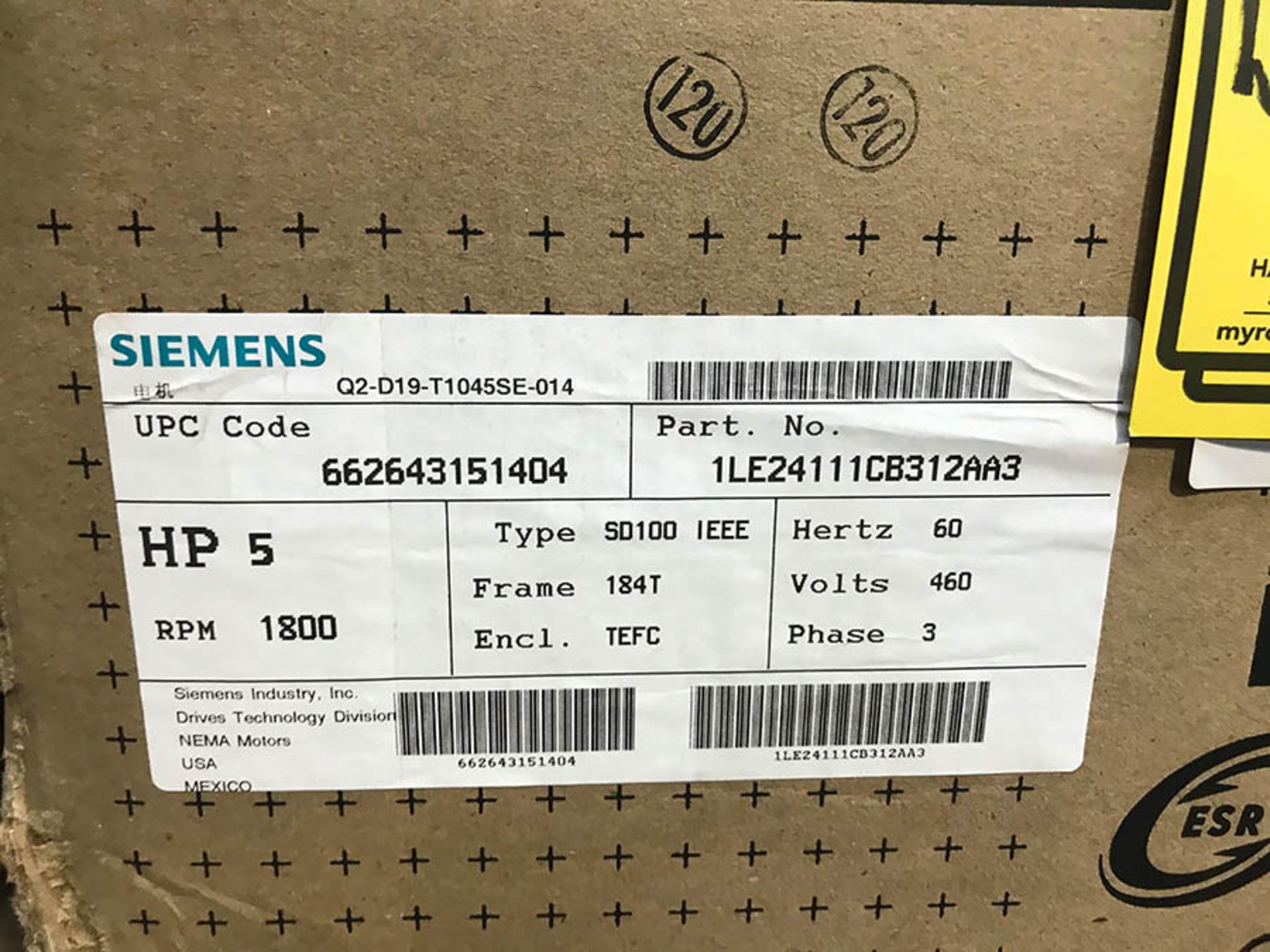 (X2) SIEMENS 5 HP MOTORS, MODEL SD100 IEEE, 1800 RPM, 184T FRAME, 460V, 3PH, (NEW) - Image 3 of 3