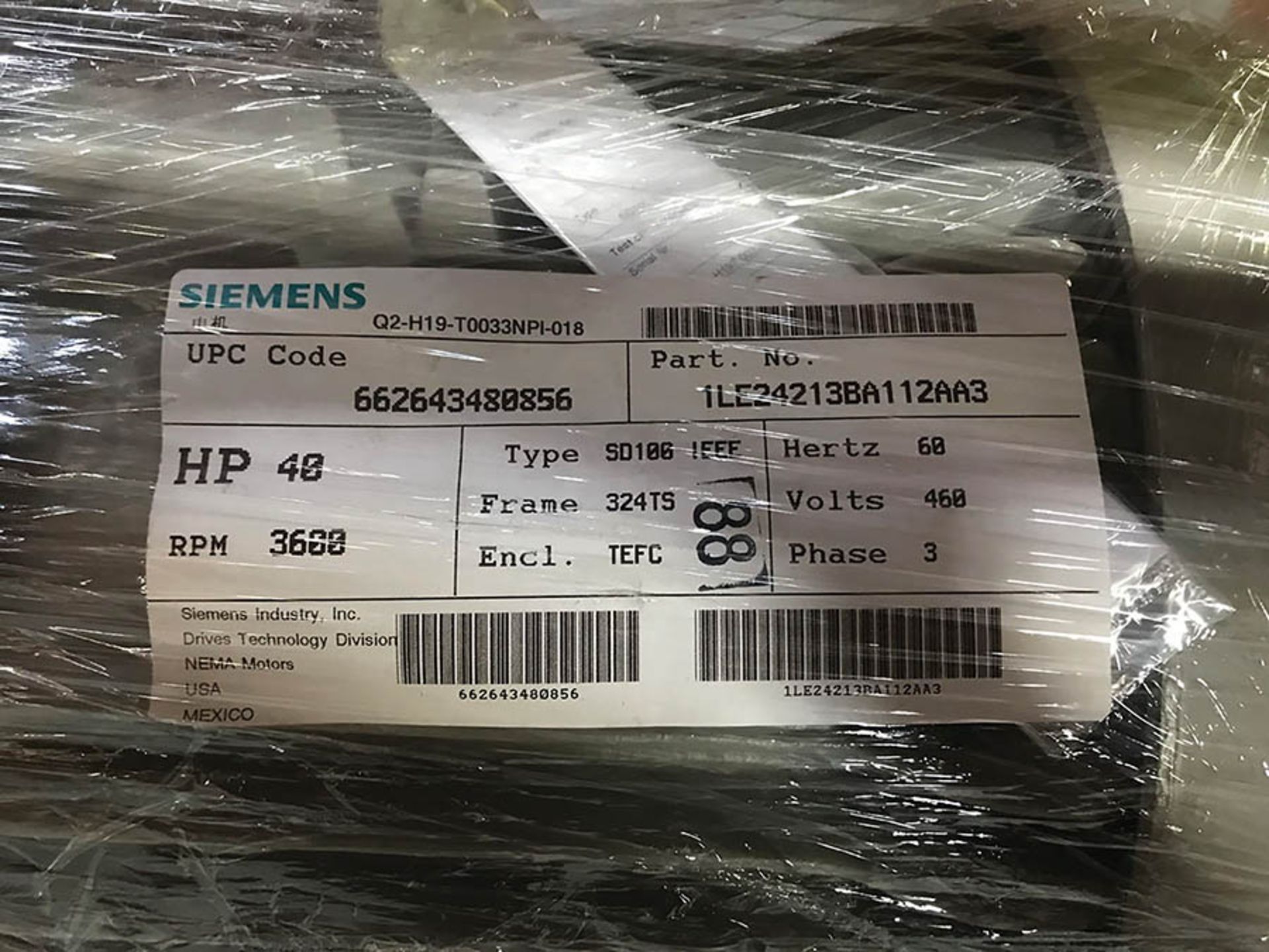 SIEMENS 40 HP MOTOR, MODEL SD100 IEEE, 3600 RPM, 324T FRAME, 460V, 3PH, (NEW) - Image 2 of 2