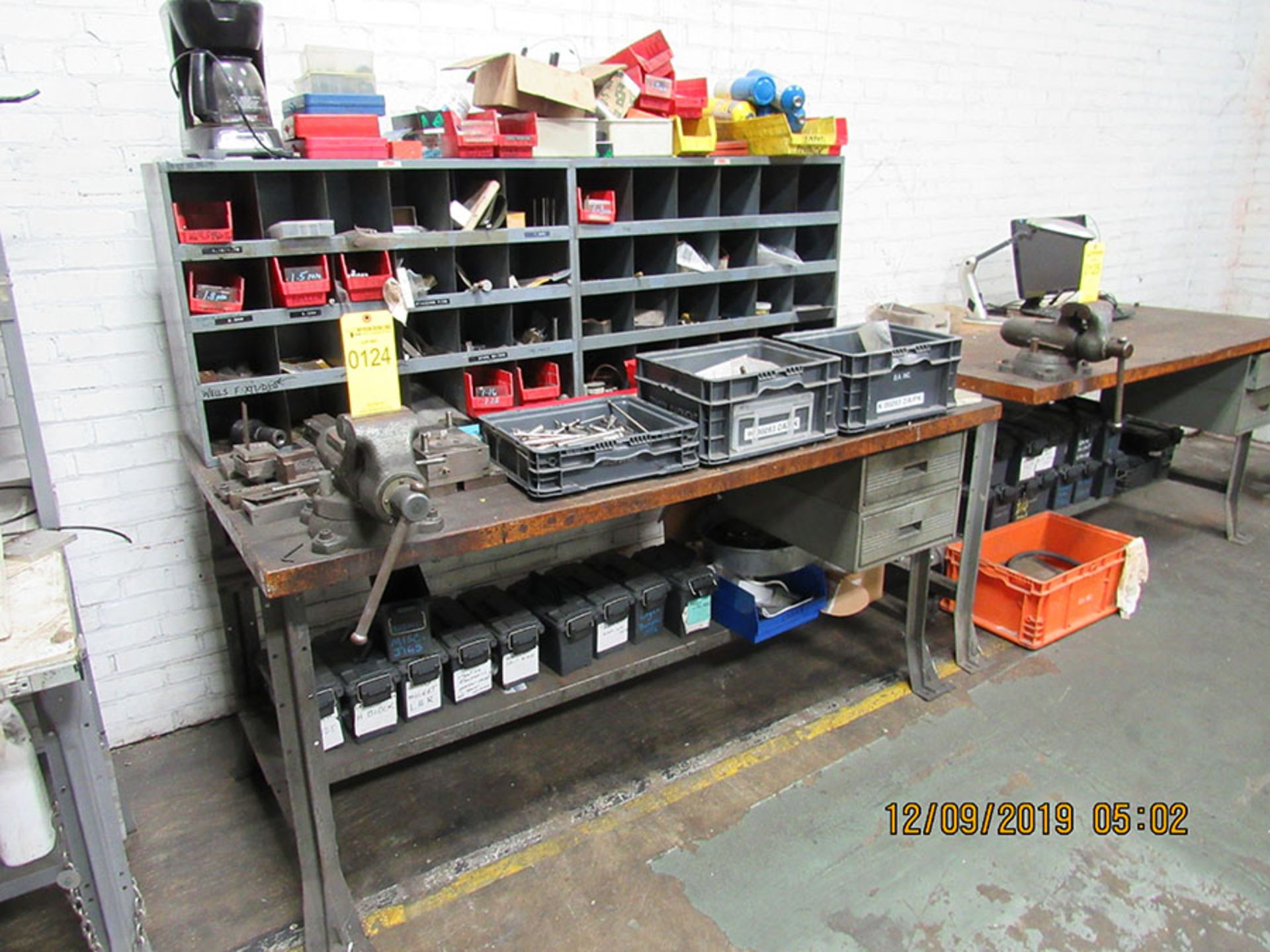 BLOCK TOP WORKBENCH WITH WILTON 4'' VISE & CONTENTS