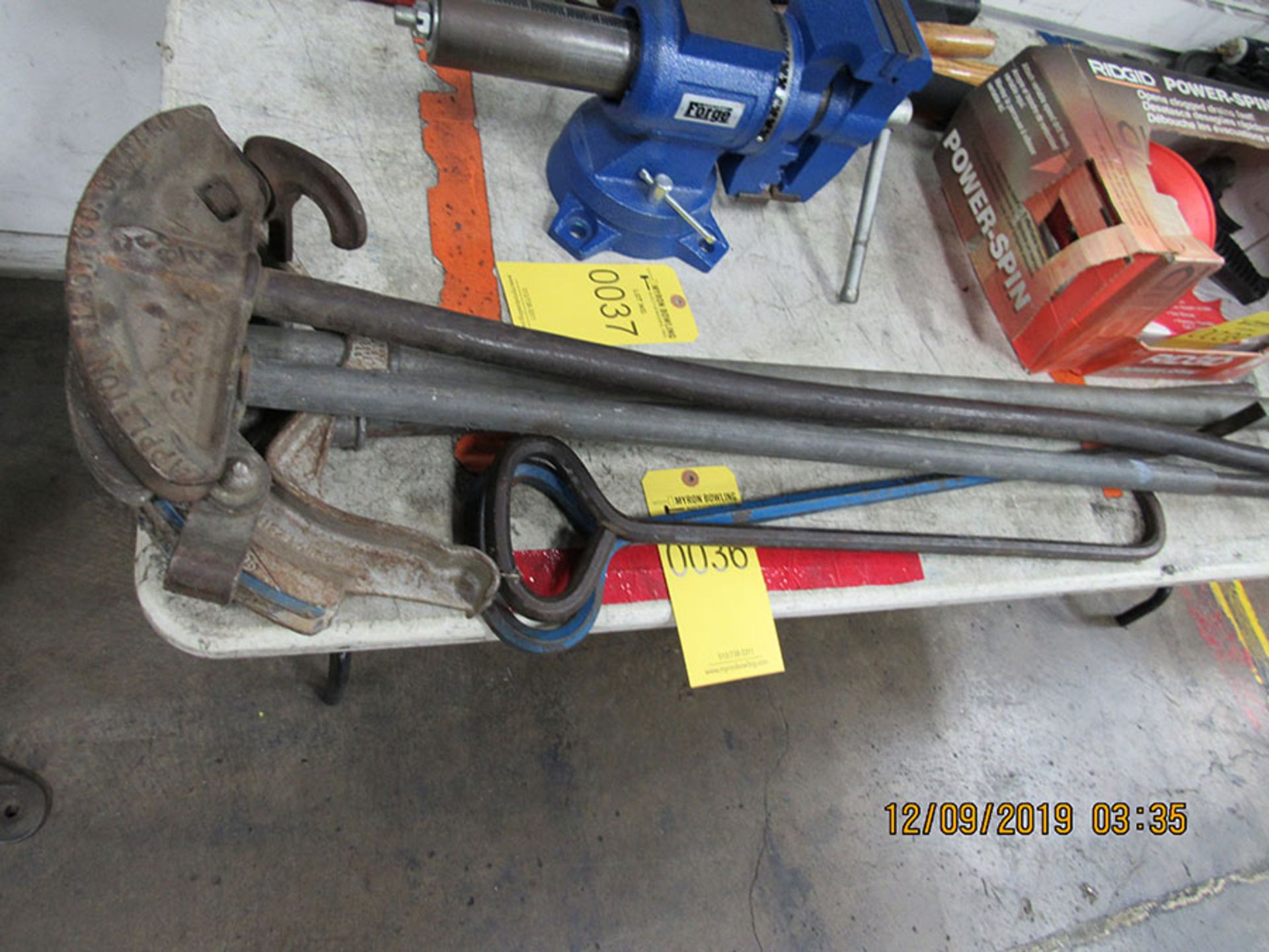 ASSORTED CONDUIT, PIPE BENDERS, AND (2) LARGE METAL PULLING HOOKS