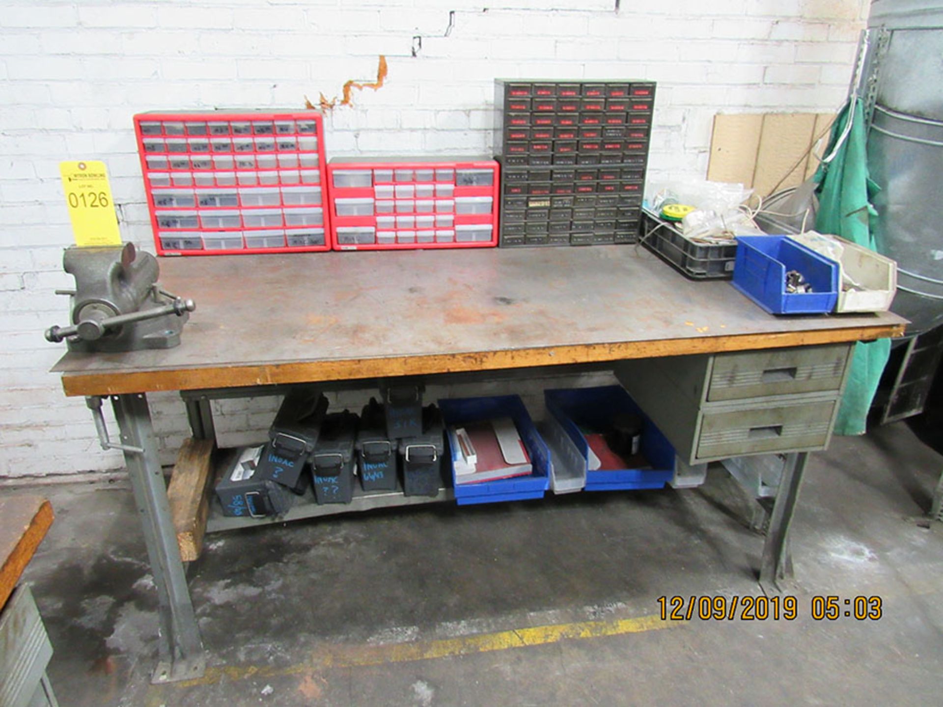 BLOCK TOP WORKBENCH WITH WILTON 4'' VISE & CONTENTS