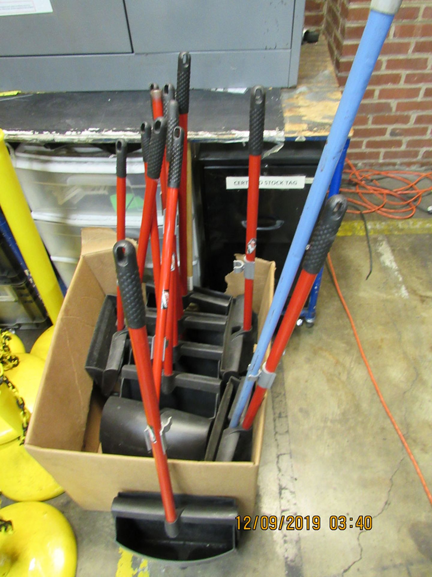 PLASTIC BARRIER MARKERS WITH CHAIN, LIBMAN DUST PANS, 2-DOOR METAL CABINET, TABLE, AND TOTES - Image 2 of 2