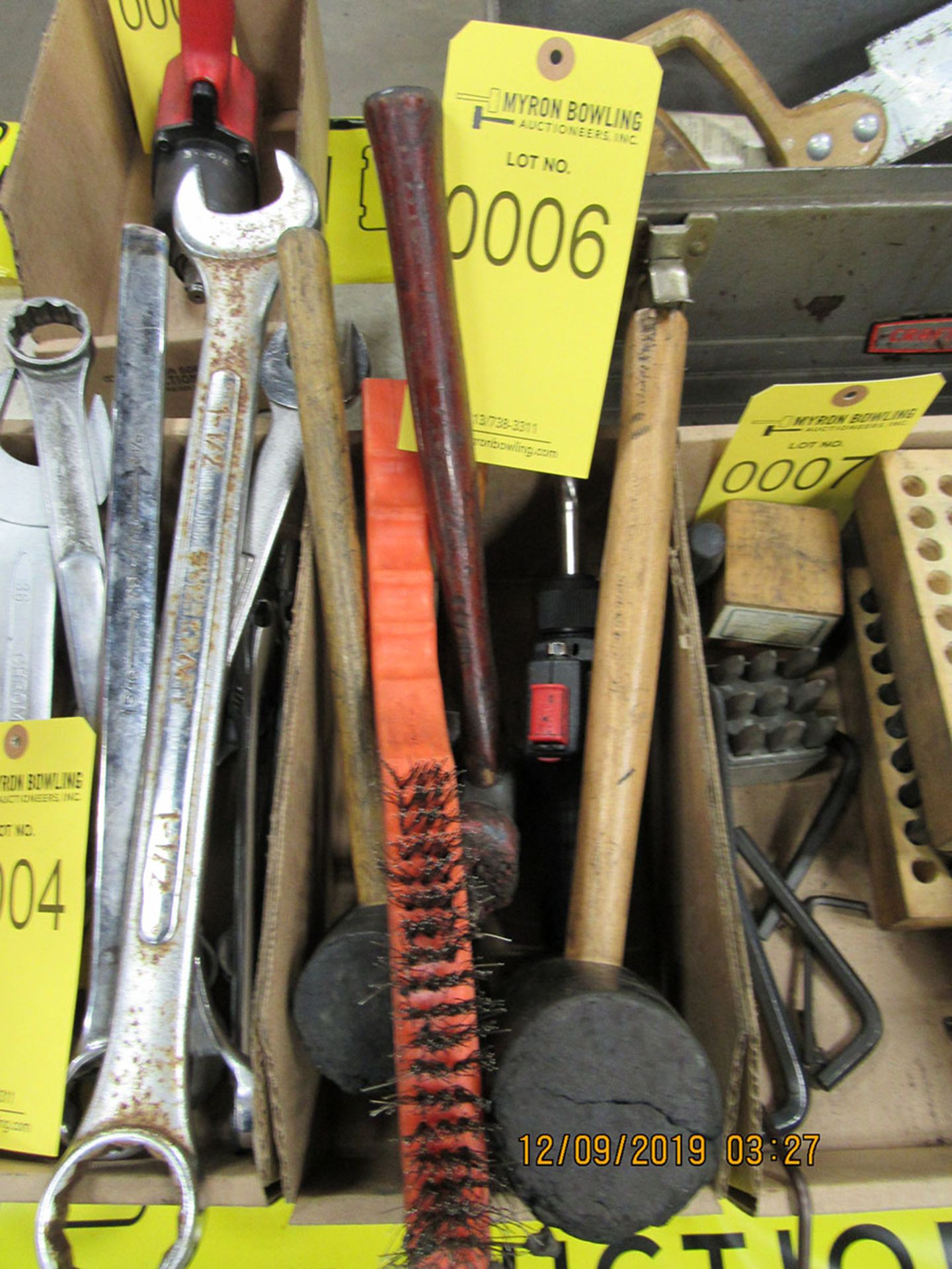 LOT OF ASSORTED HAMMERS, WIRE BRUSH, AND PROPANE TORCH TIP