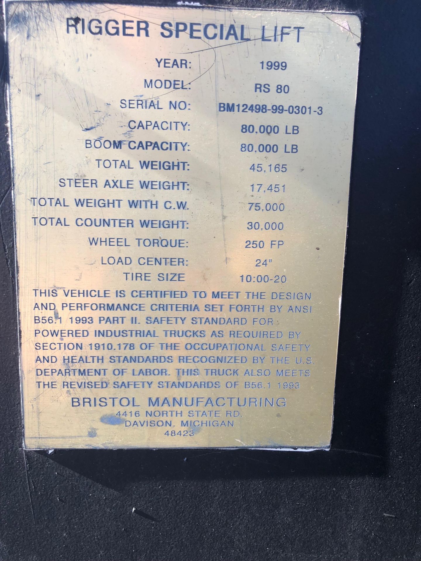 (1999) BRISTOL RS 80 RIGGERS SPECIAL FORKLIFT, 80,000 LB. CAPACITY, CUMMINS DIESEL - Image 2 of 17