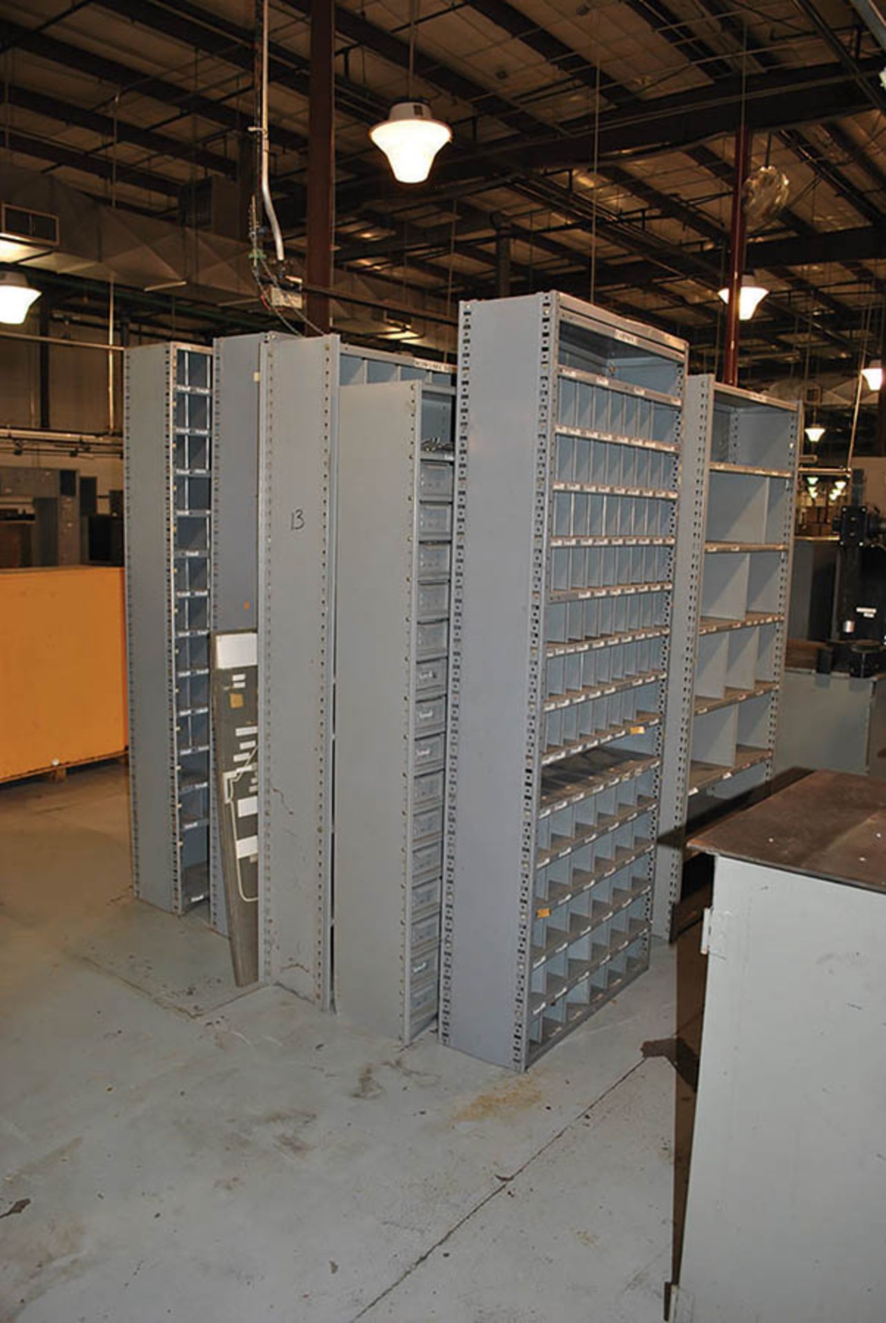 (8) BOLT BINS & STORAGE SHELVES, 1' X 3' X 7'