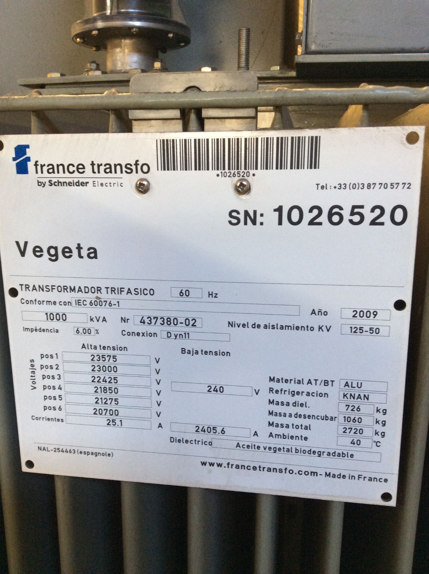 transformador trifásico marca france transfo de 1000kva año 2009 240 volts en aceite número de s - Image 13 of 13