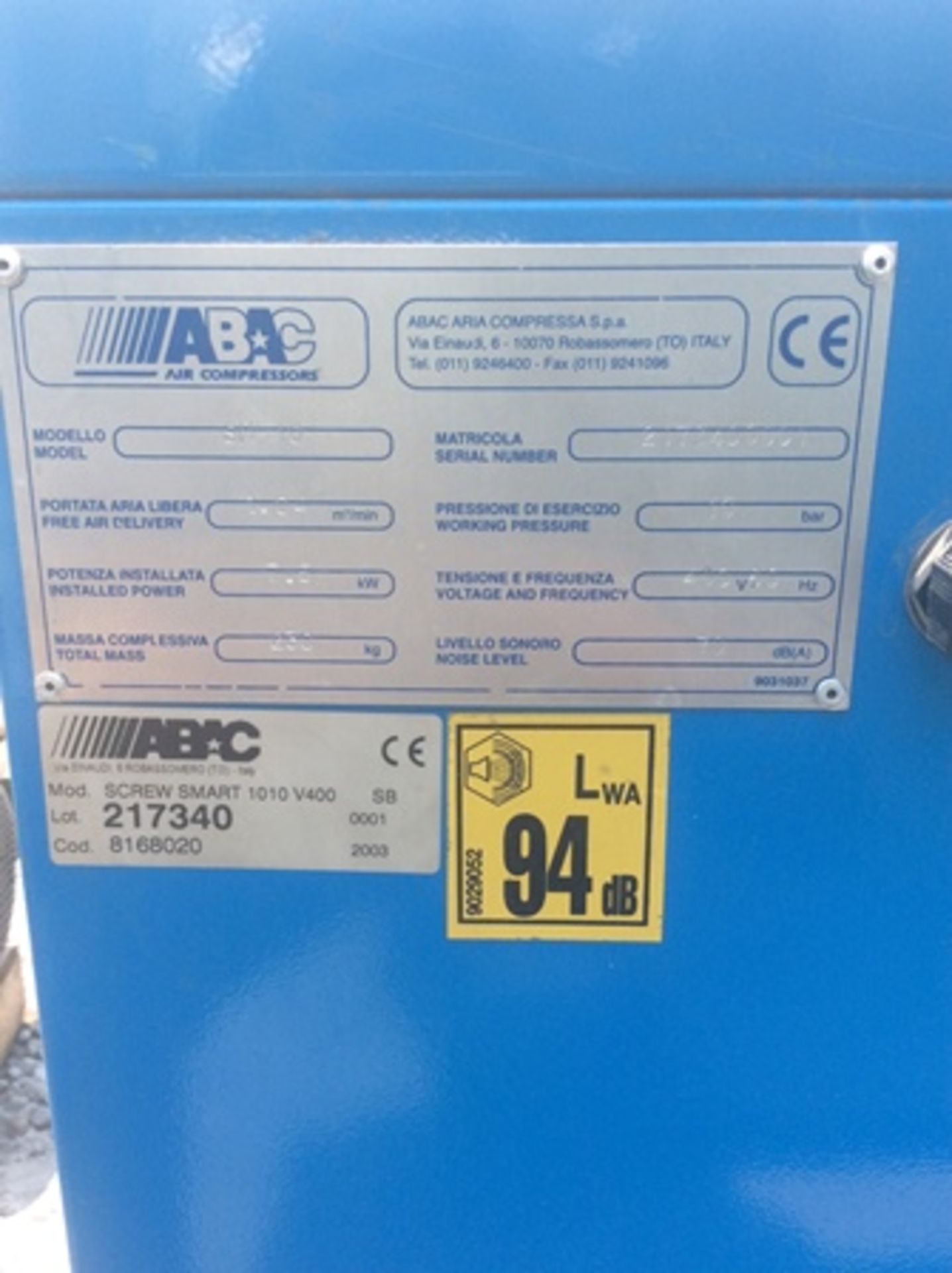 compresor de aire tipo tornillo marca: abac modelo: smart 1010 serie: 2173400001 potencia:7.5 kw (1 - Image 5 of 5