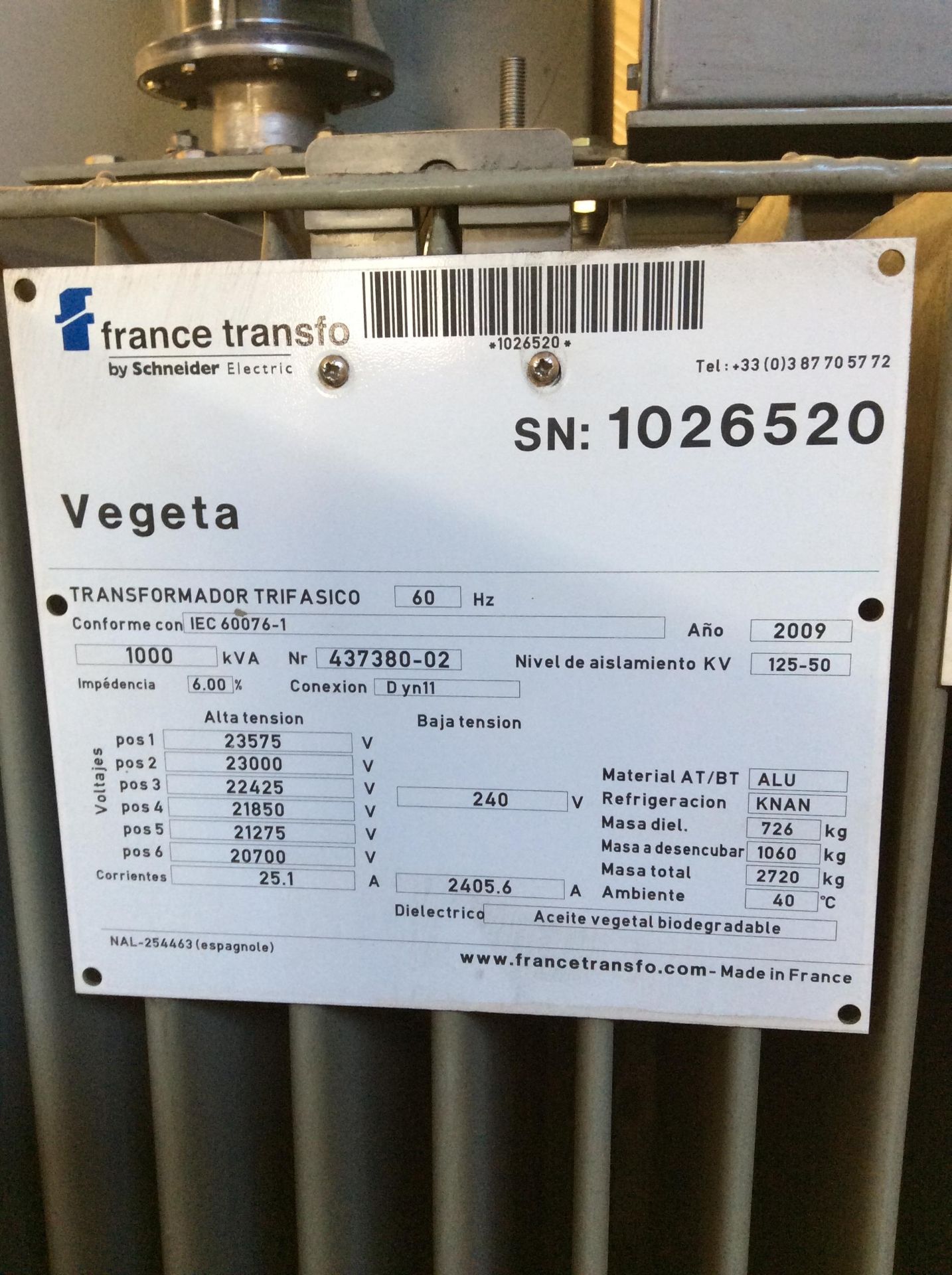 transformador trifásico marca france transfo de 1000kva año 2009 240 volts en aceite número de s - Image 11 of 13