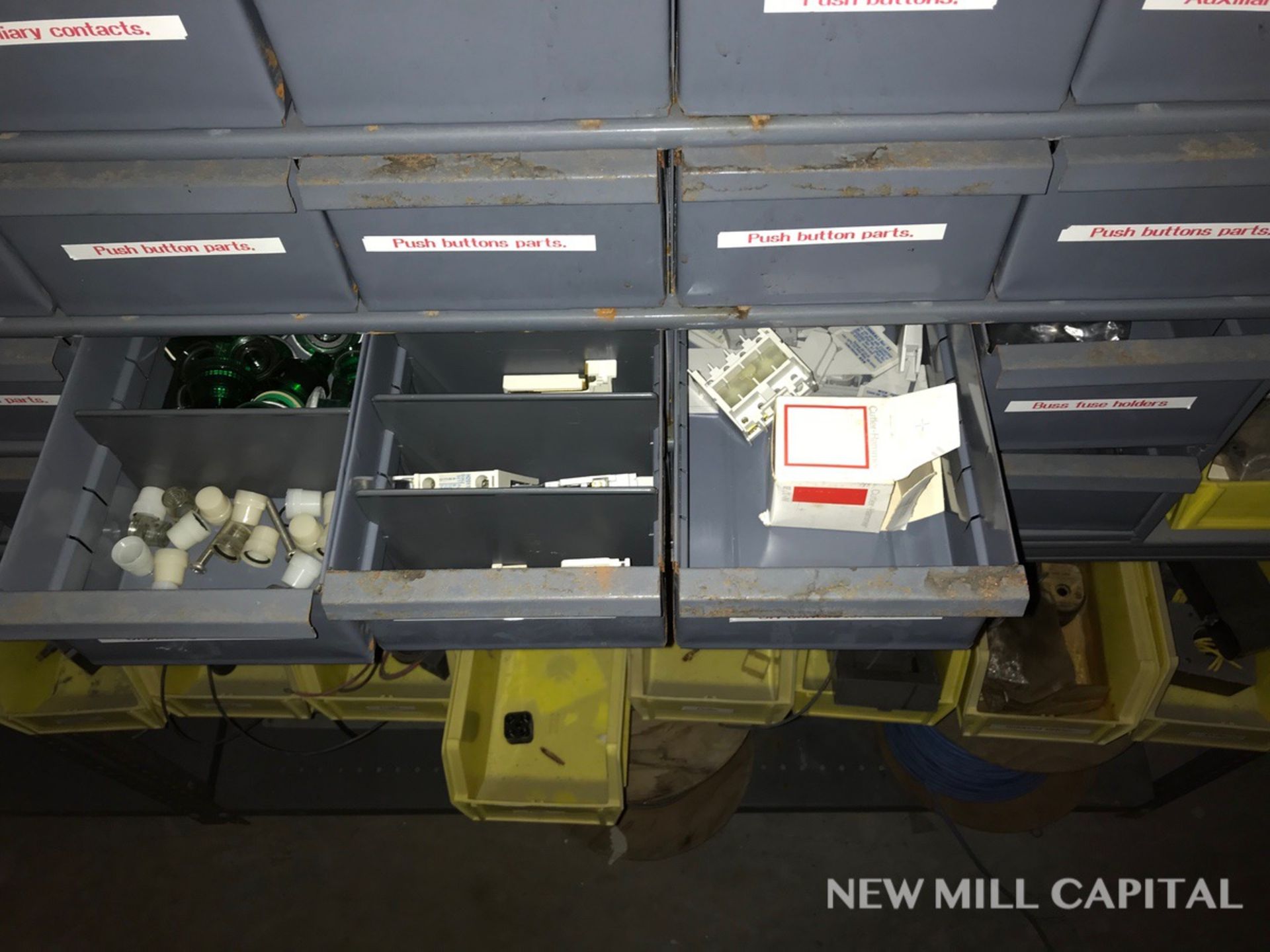 (4) Shelves - Allen Bradley Parts, Proximity Switches, Relays, Breakers, Misc E | Rigging Fee: $300