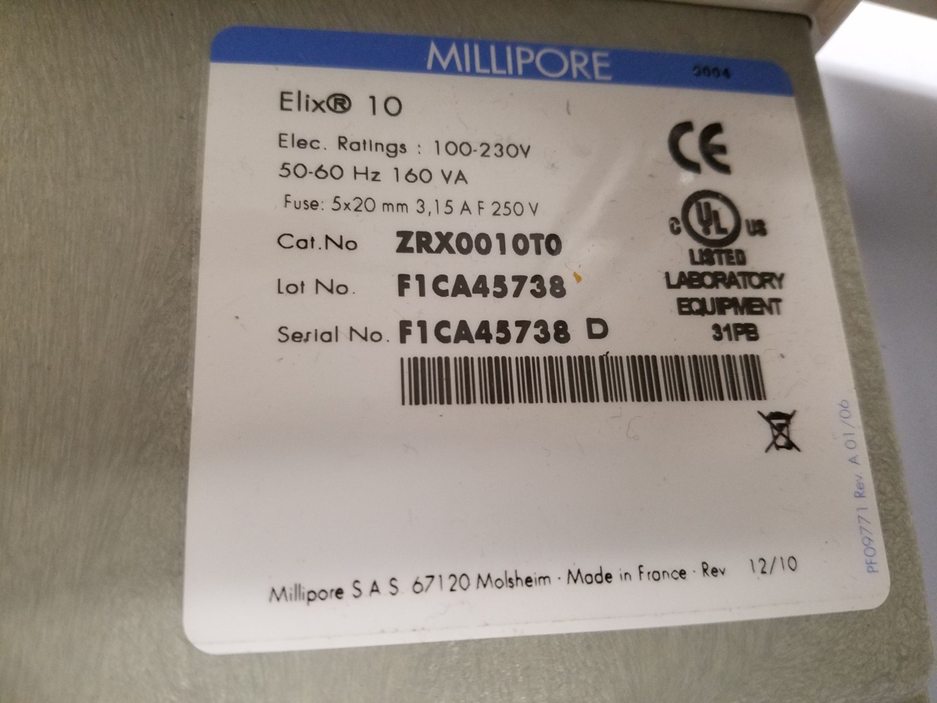 Millipore Elix 10, Water Purification System, S/N F1CA45738 D | Rig Fee: $100 - Image 3 of 3