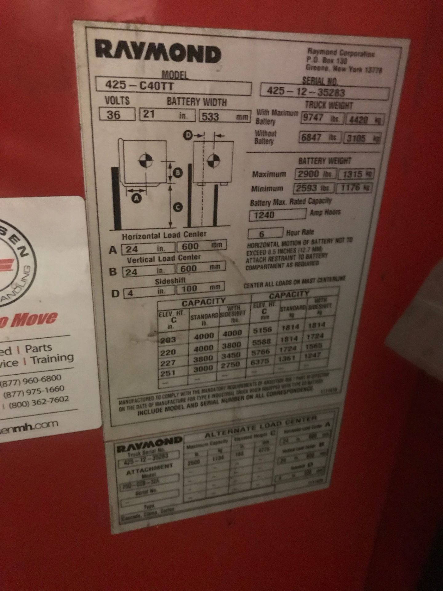 Raymond Model 425-C40TT Electric Forklift | Rig Fee: $150 - Image 3 of 3