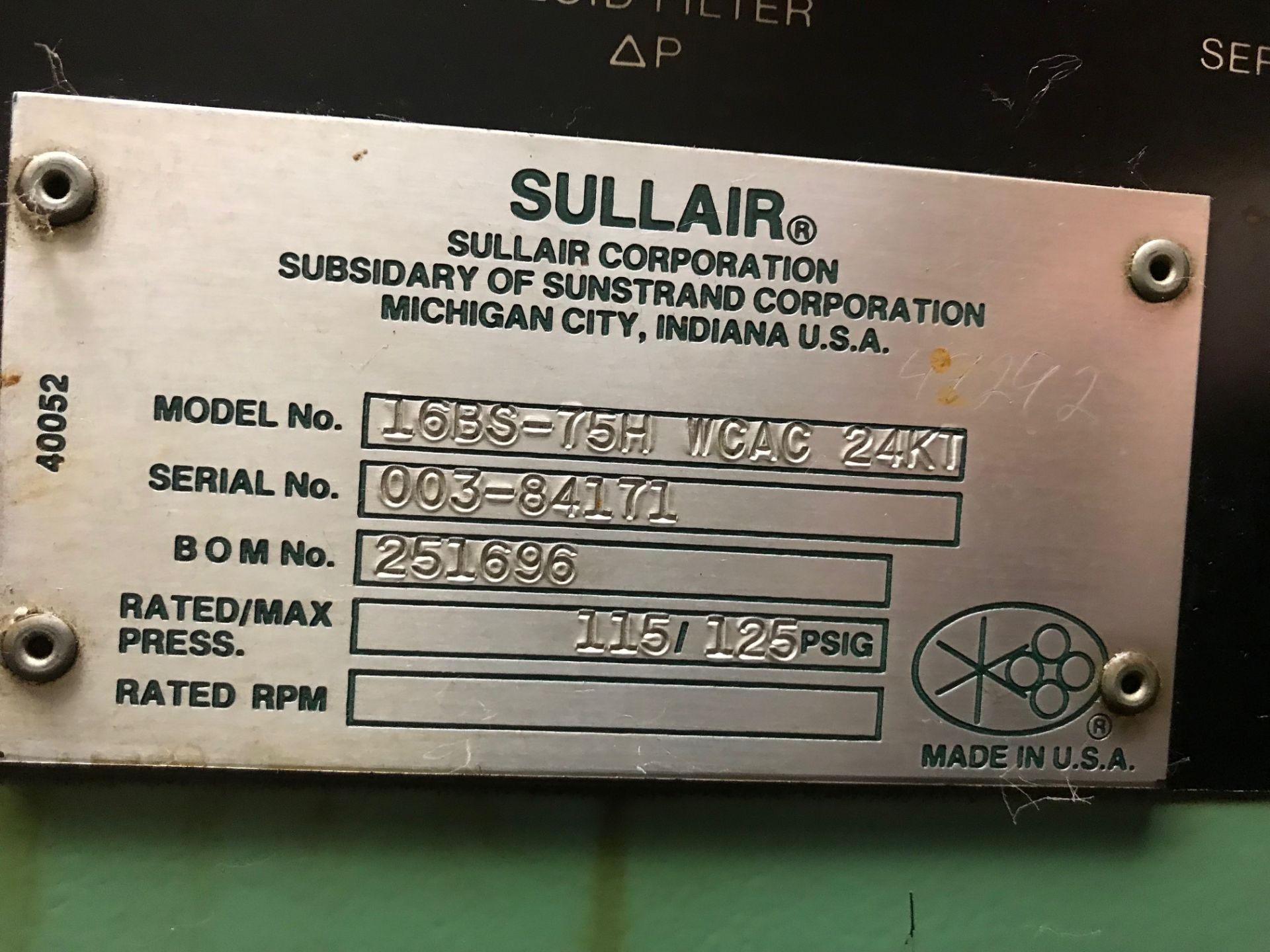 Sullair Model 16BS-75H Rotary Screw Air Compressor, 125 PSI Max, Model: 16BS-75H WC | Rig Fee: $800 - Image 3 of 4