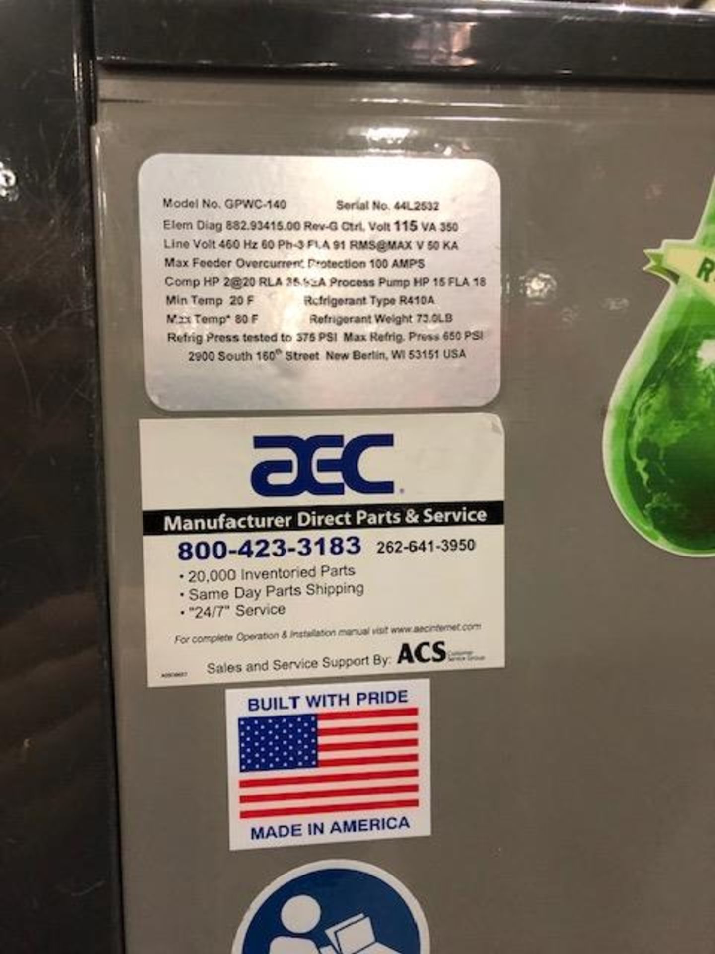 AEC Model GPWC-140 Freon Chiller, S/N: 44L2532 | Rig Fee: $450 - Image 3 of 4