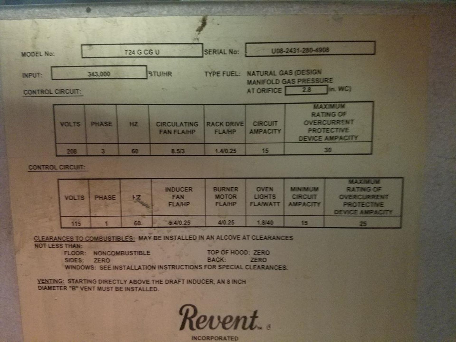 Revent Double Rack Oven, M# 724 G CG U, S/N U08-2431-280-4908, Natural Gas, 343,000 | Rig Fee: $1250 - Image 2 of 4