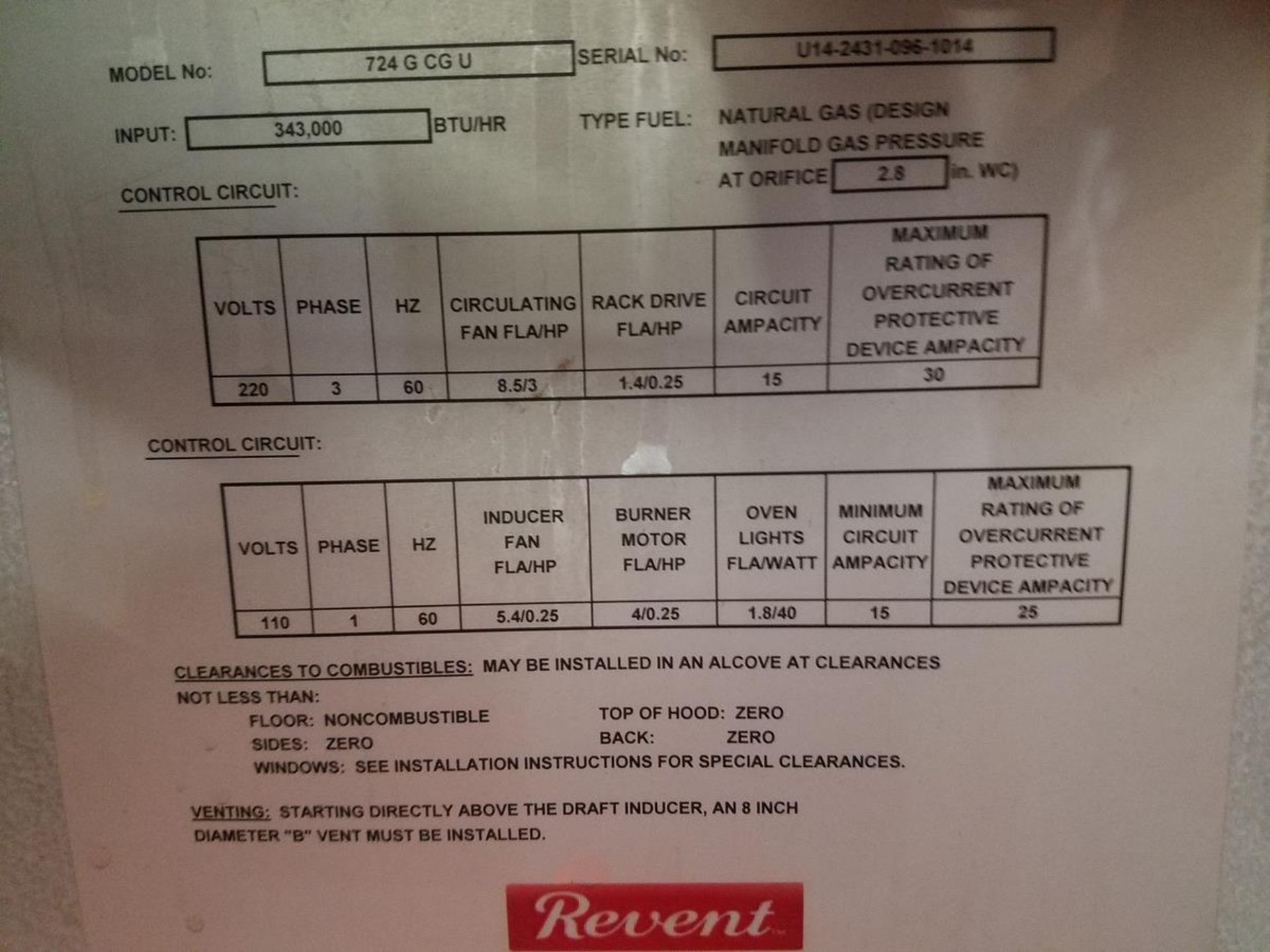 Revent Double Rack Oven, M# 724 G CG U, S/N U14-2431-096-1014, Natural Gas, 343,000 | Rig Fee: $1250 - Image 2 of 4