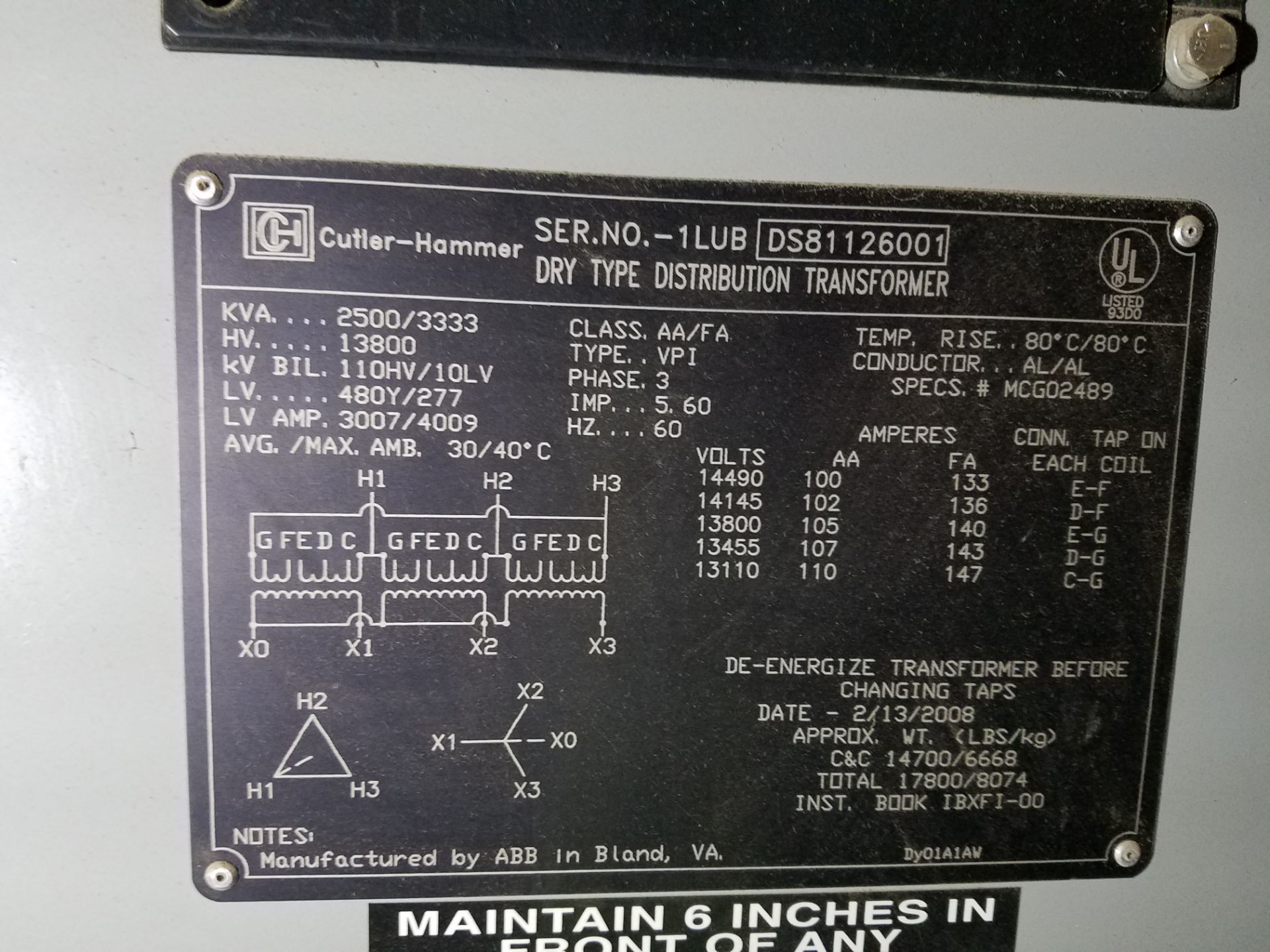 Cutler-Hammer Dry Type Distribution Transformer, 2500/3333 KVA, S/N 1LUB DS81126001 | Rig Fee: $1500 - Image 2 of 3