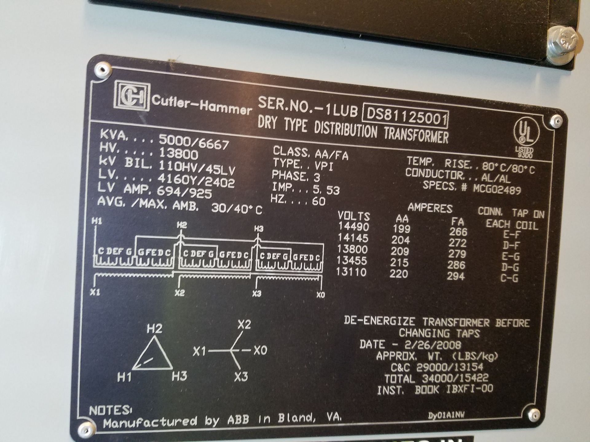 Cutler-Hammer Dry Type Distribution Transformer, 2500/3333 KVA, S/N 1LUB DS81125001 | Rig Fee: $1500 - Image 2 of 3