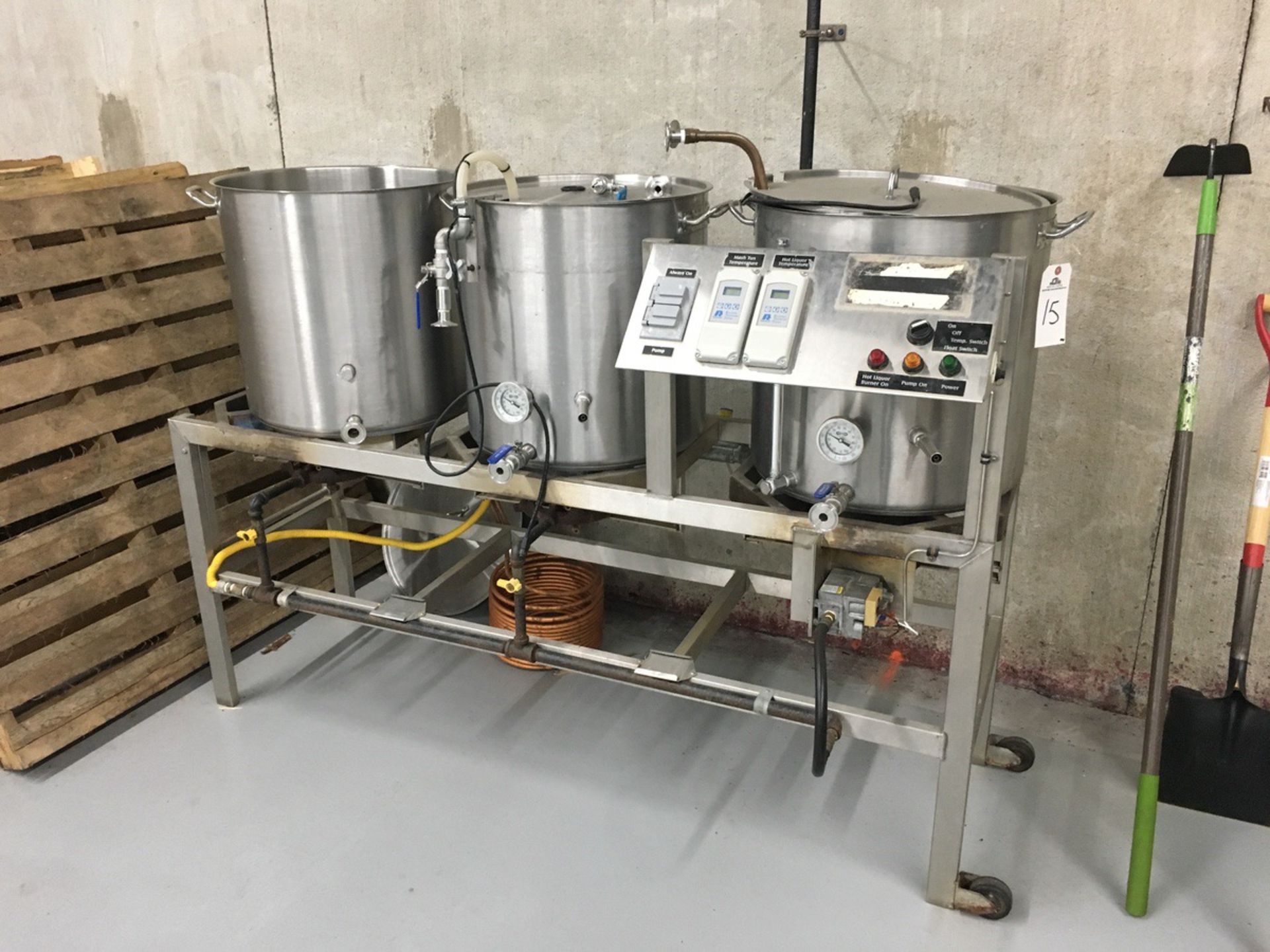 20 Gallon Brewhouse, Pilot System, Natural Gas, Approx Dimensions: 70in W x 28in De | Rig Fee: $200