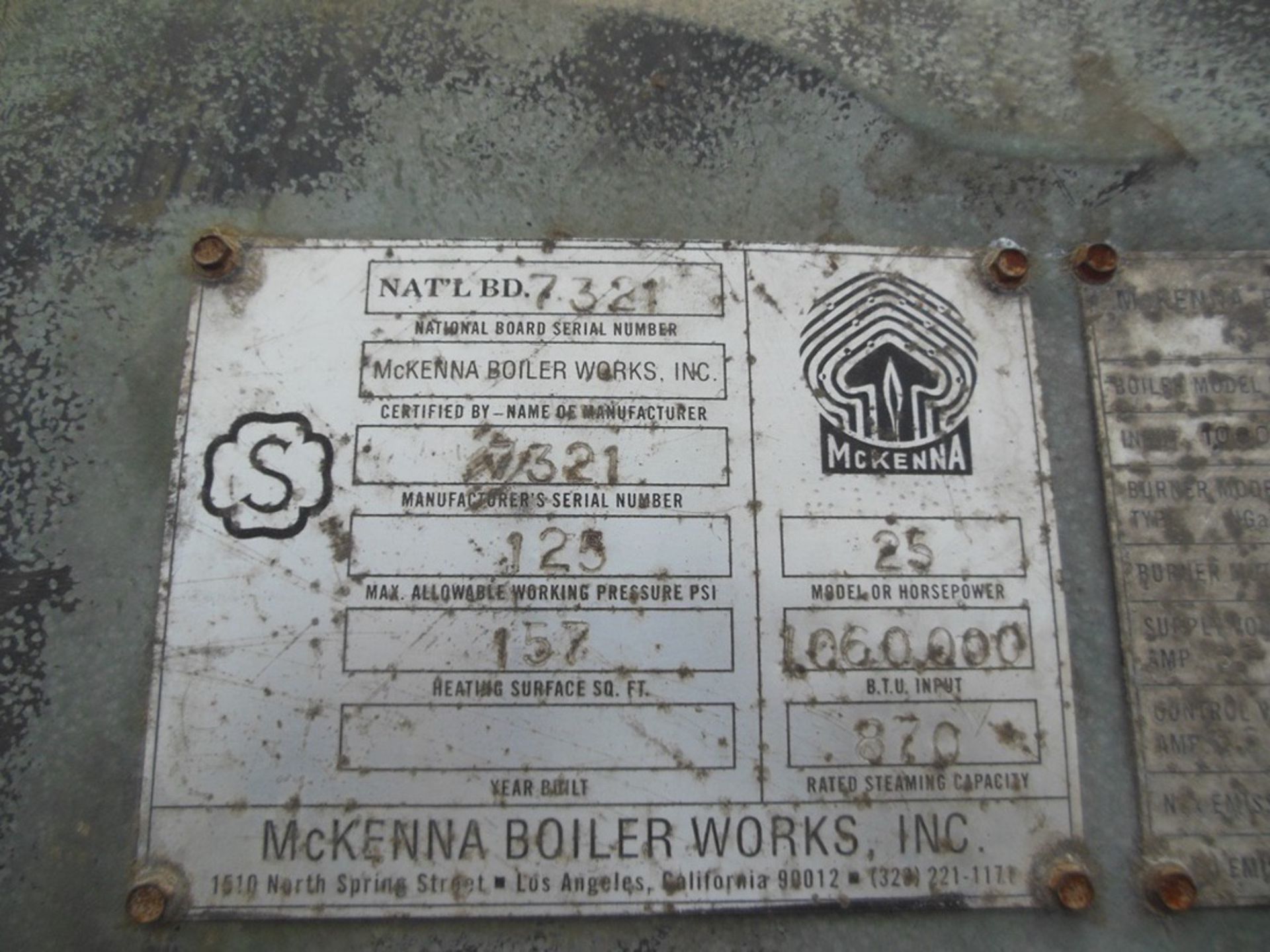 McKenna Model 25 Steam Boiler, 125 PSI, 1.06 mmBTU, 25 Gallon E | San Dimas CA | Rig Fee: No Charge - Image 4 of 7