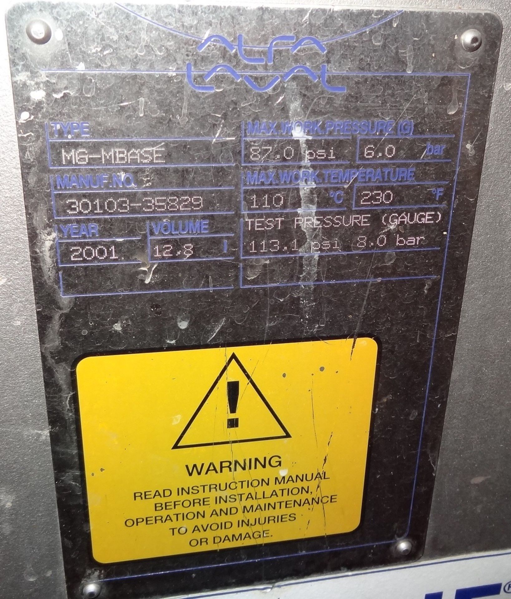 2001 Alfa-Laval Model M6-MBASE Plate and Frame Heat Exchanger (Sanitary), S/N: 3010 | Rig Fee: $275 - Image 2 of 2