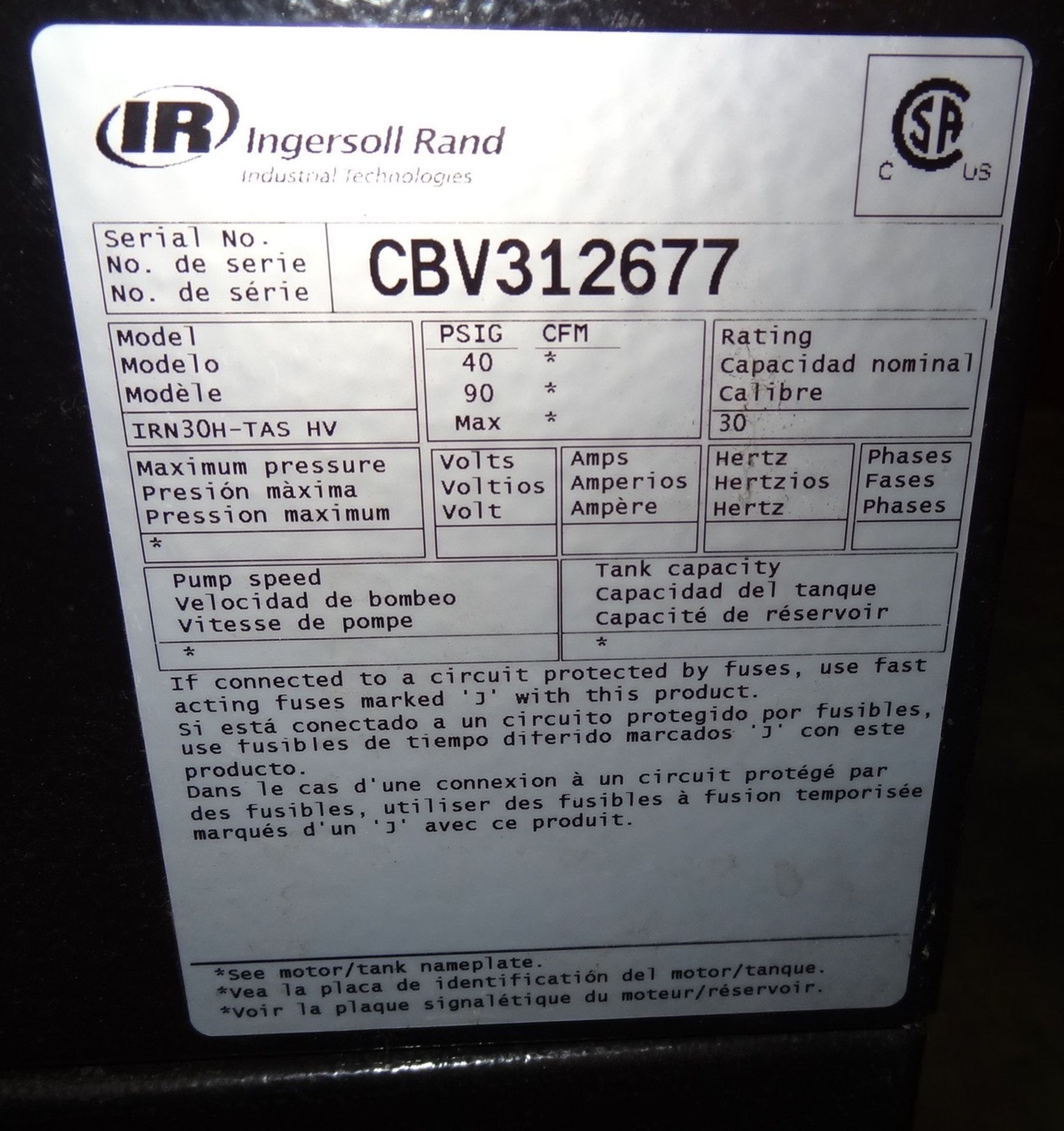 Ingersoll-Rand Model IRN30H-TAS HV 30hp Air Compressor, S/N: CBV312677 | Rig Fee: $350 - Image 3 of 4