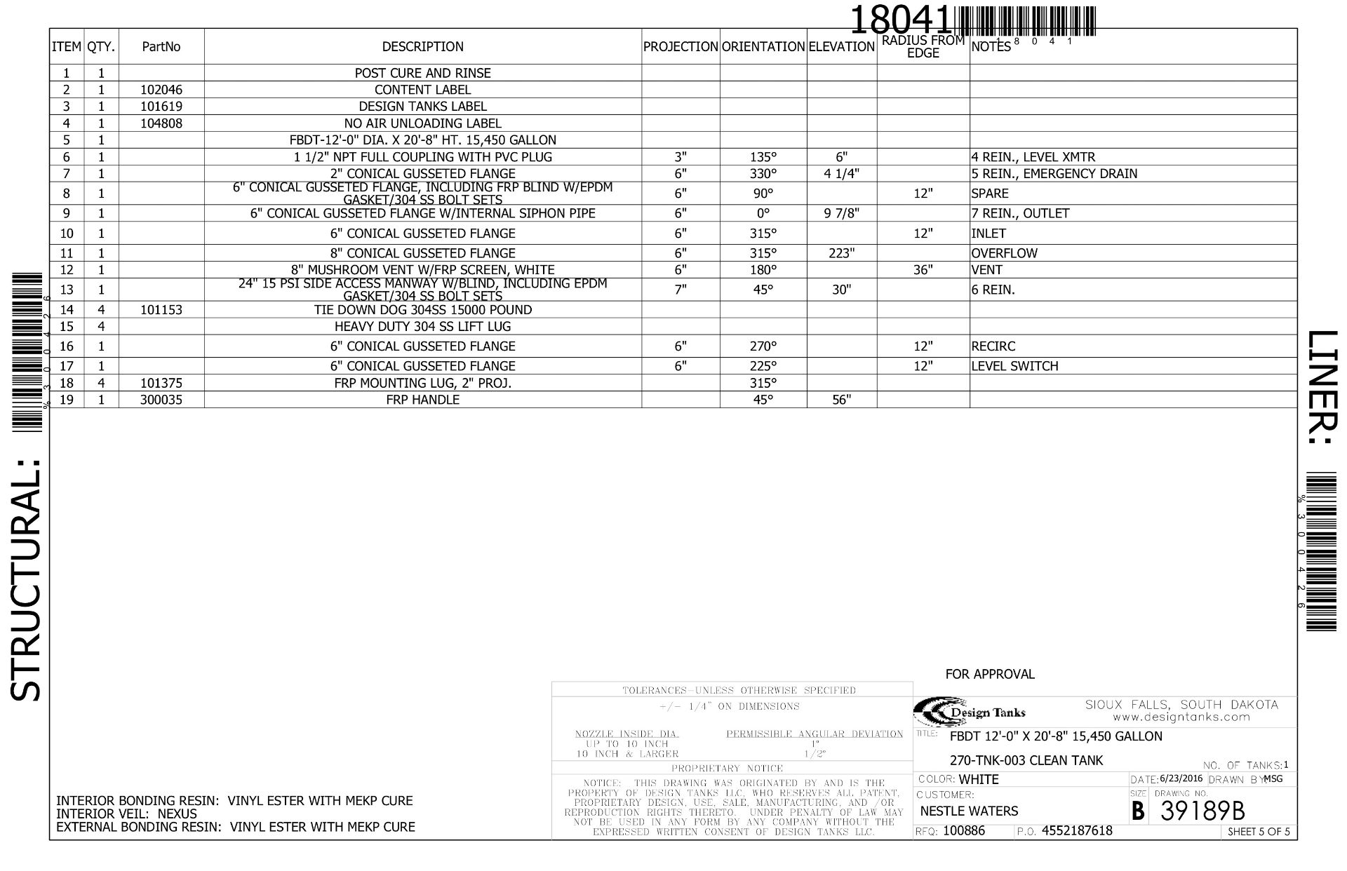 2016 15,450 Gallon FRP Tank, 12' ID x 20'8" Height, Vinyl Ester Struct | Seller To Load - No Charge - Image 6 of 6