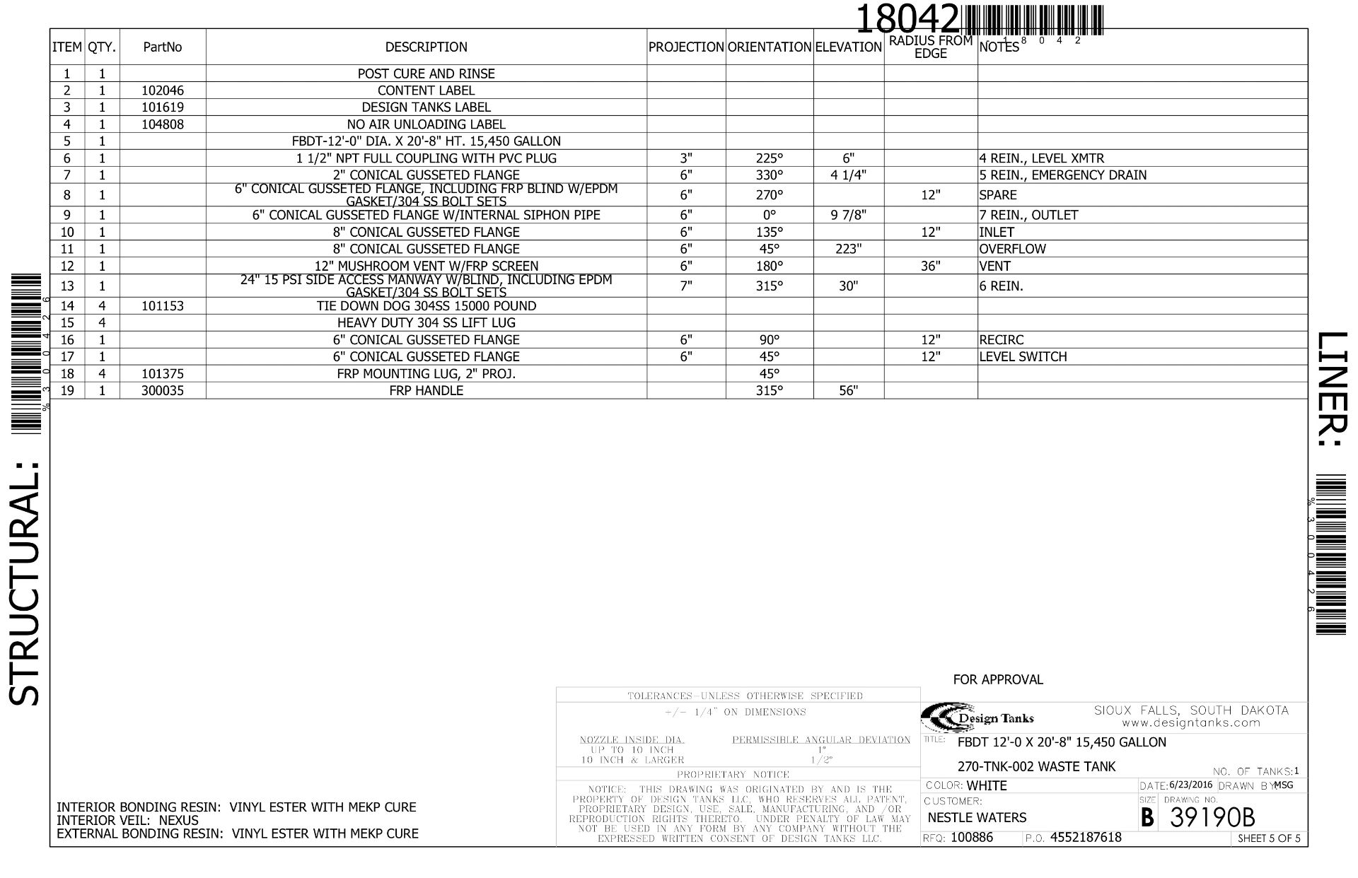 2016 15,450 Gallon FRP Tank, 12' ID x 20'8" Height, Vinyl Ester Struct | Seller To Load - No Charge - Image 6 of 6