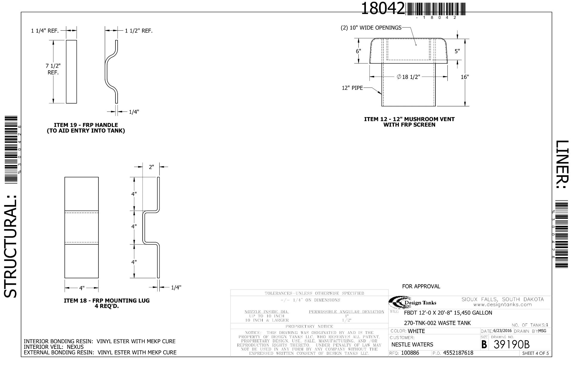 2016 15,450 Gallon FRP Tank, 12' ID x 20'8" Height, Vinyl Ester Struct | Seller To Load - No Charge - Image 5 of 6