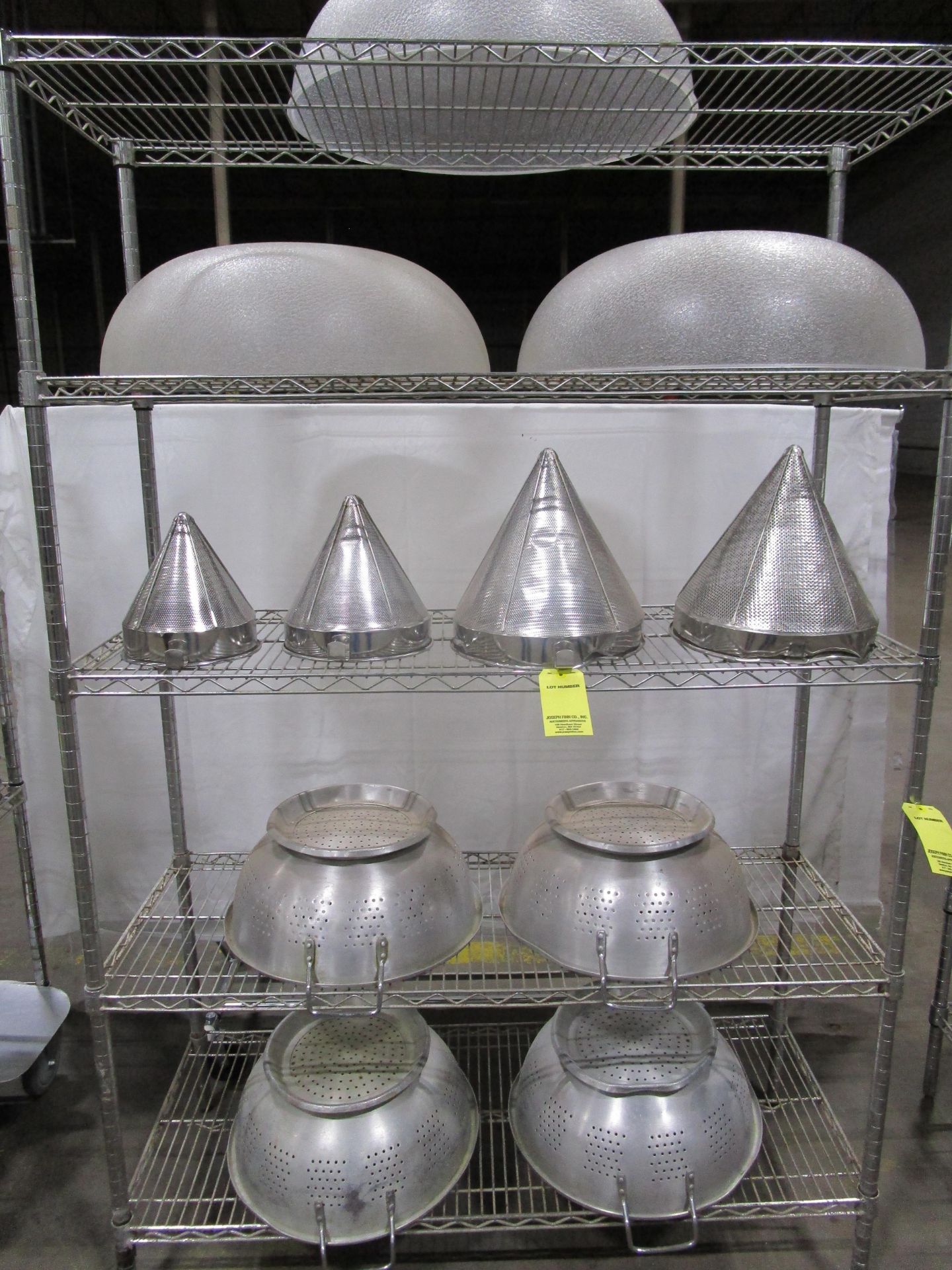 Lot Plastic Serving Bowls, Cone Strainers, Collendars, Chrome Wire Rack | Located i | Rig Fee: $10