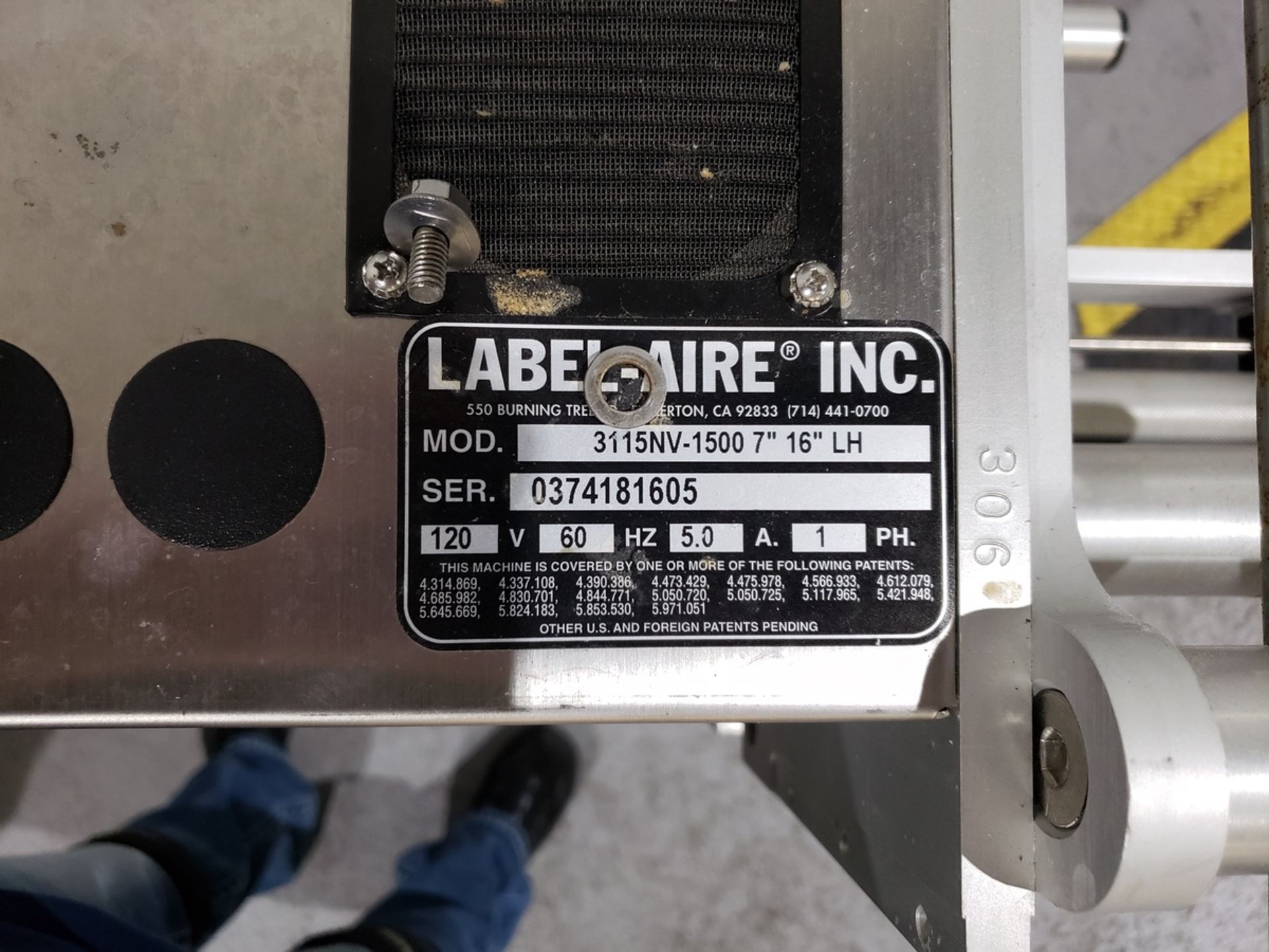 Label-Aire Automatic Label Applicator, M# 3115NV-1500 7" 16" LH, S/N 0374181605 | Rig Fee: $100 - Image 2 of 2