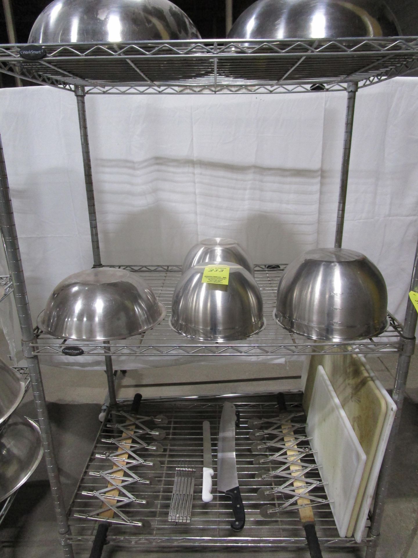 Lot 6 Asst. SS Bowls, Knives, Cutters, Chrome Wire Rack | Located in Milford MA | Rig Fee: $10