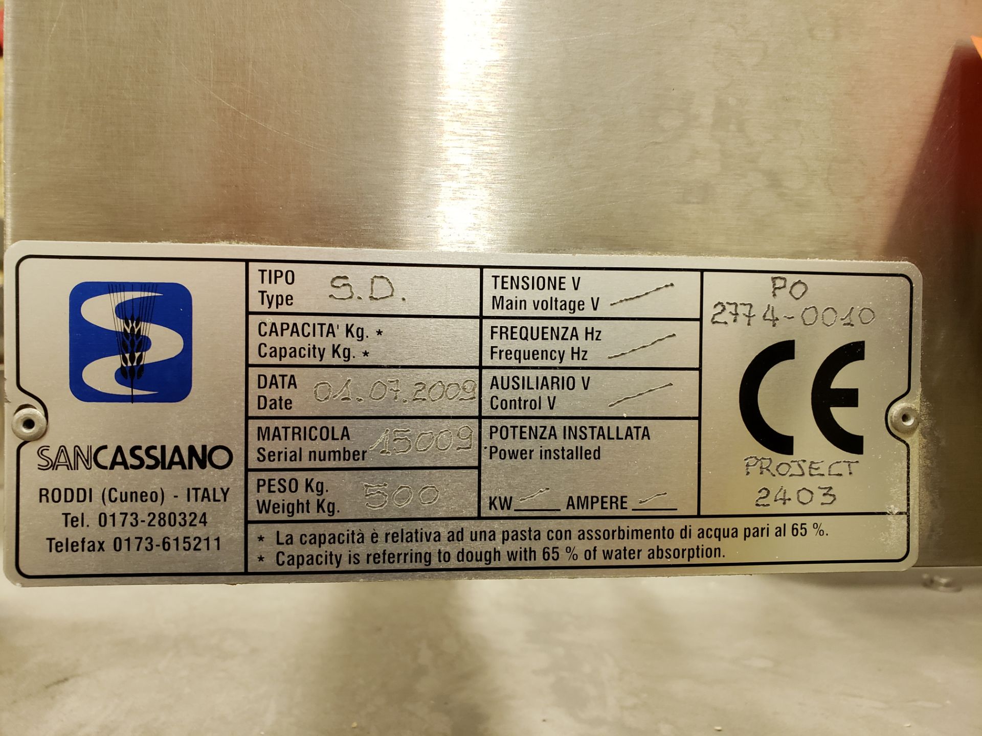 2009 San Cassiano Mixing Bowl "Duster" Ingredient Loading Stand, M# S.D., S/N 15009 | Rig Fee: $700 - Image 2 of 2