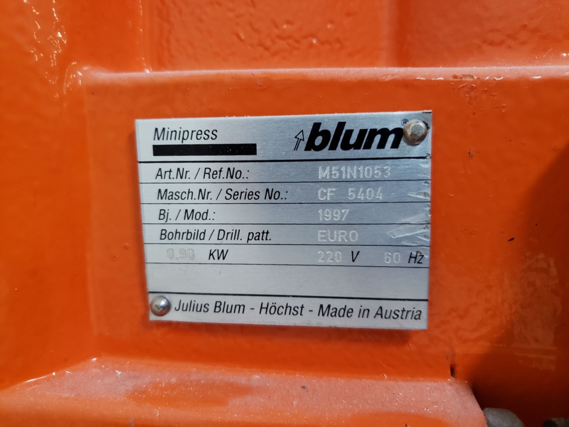 Blum Minipress Hinge Boring & Insertion Machine, M# M51N1053, S/N CF5404, W/ Bench | Rig Fee: $35 - Image 2 of 3