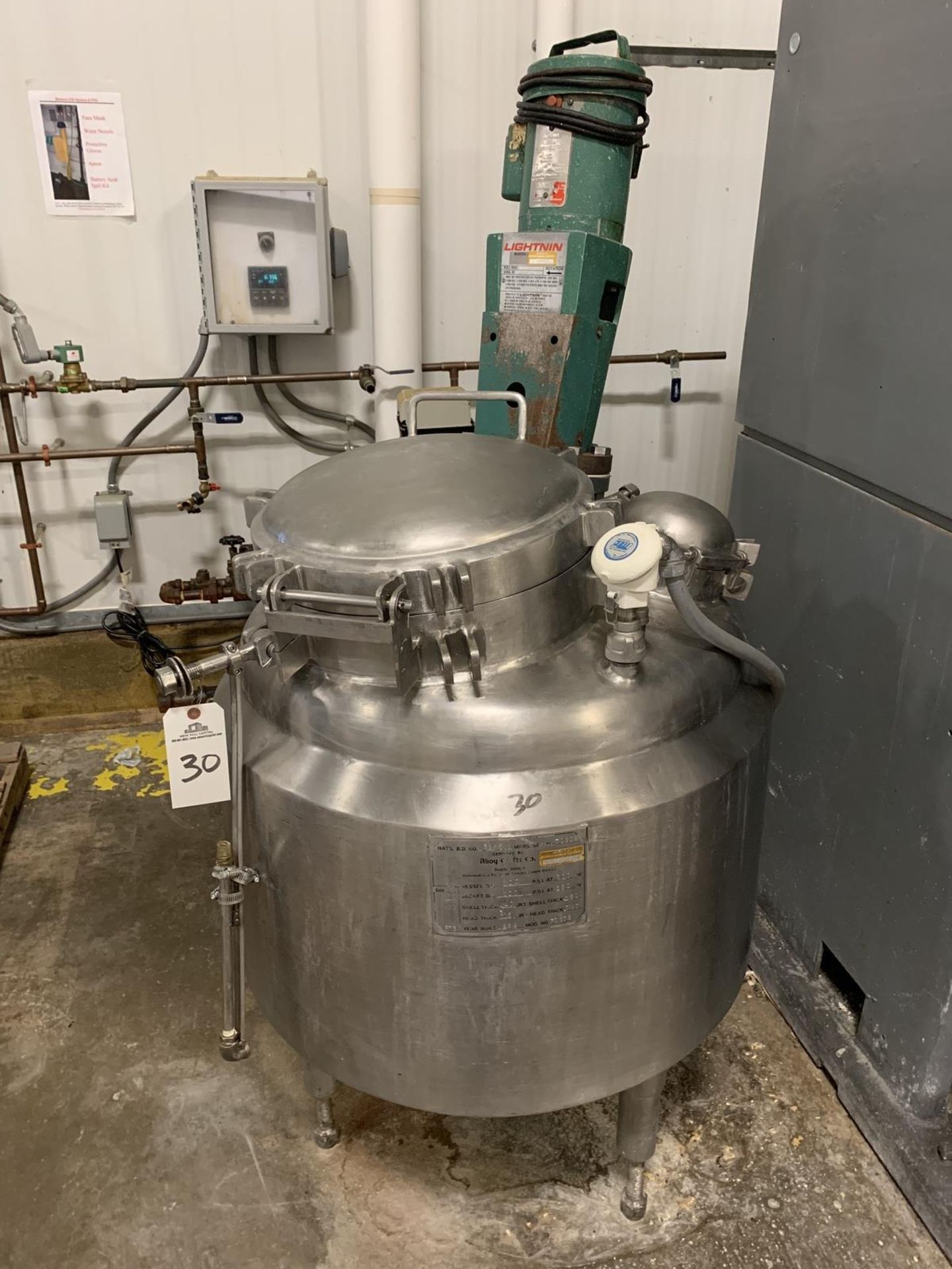 Stainless Steel Jacketed Agitated Pressure Vessel, Vertical 3-Blade Prop Agitation, | Rig Fee: 100