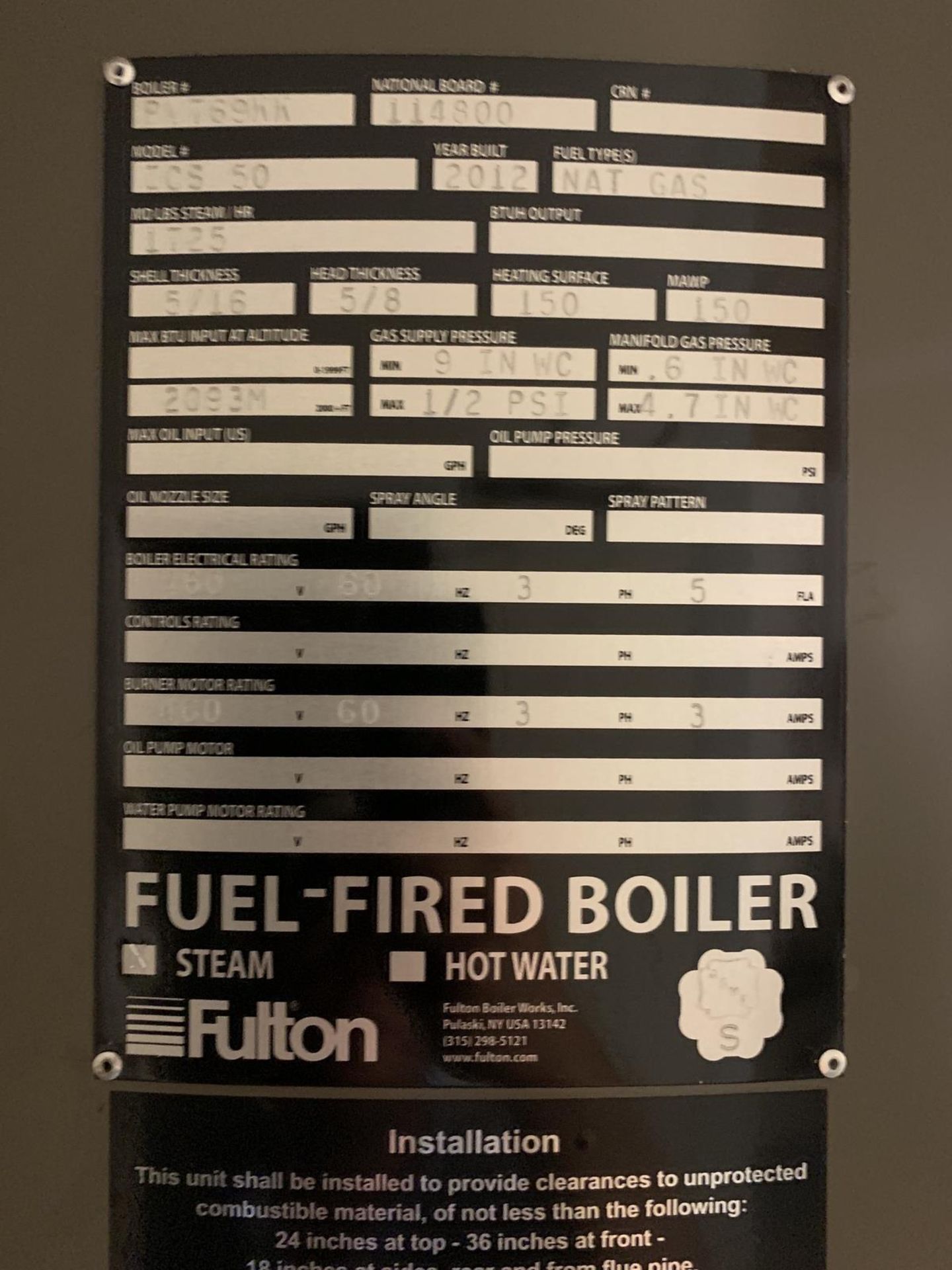 2012 Fulton Natural Gas Fired High Pressure Vertical Steam Boiler, | Rig Fee: 400 - Image 2 of 2