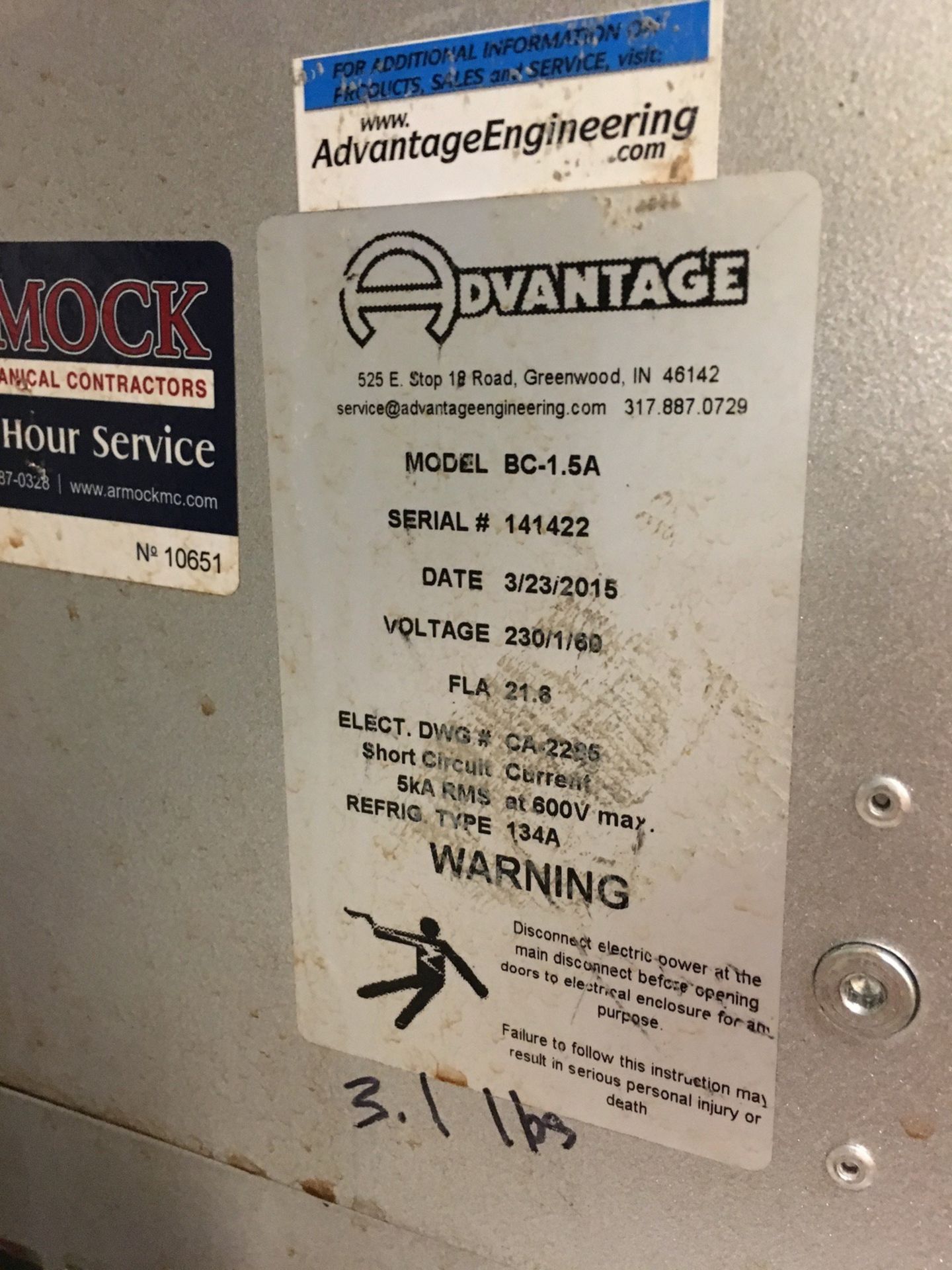 2015 Advantage Chiller Model BC-15.A, S/N 141422, 230/1/60, FLA 21 | Subject to Bulk | Rig Fee: $250 - Image 4 of 6