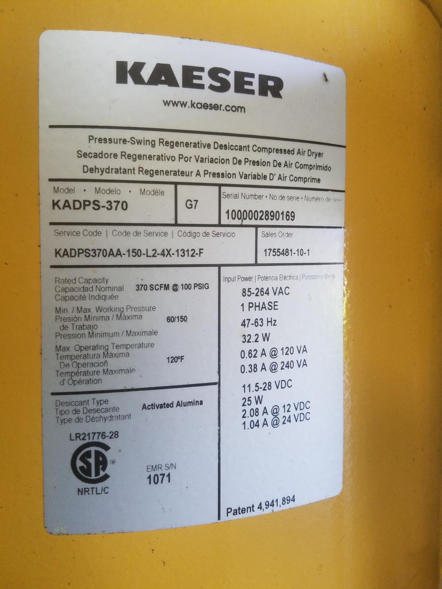 Kaeser Compressed Air Dryer, M# KADPS-370, 370 SCFM at 100 PSIG, 120F Max Operat | Rig Fee: $250 - Image 2 of 3