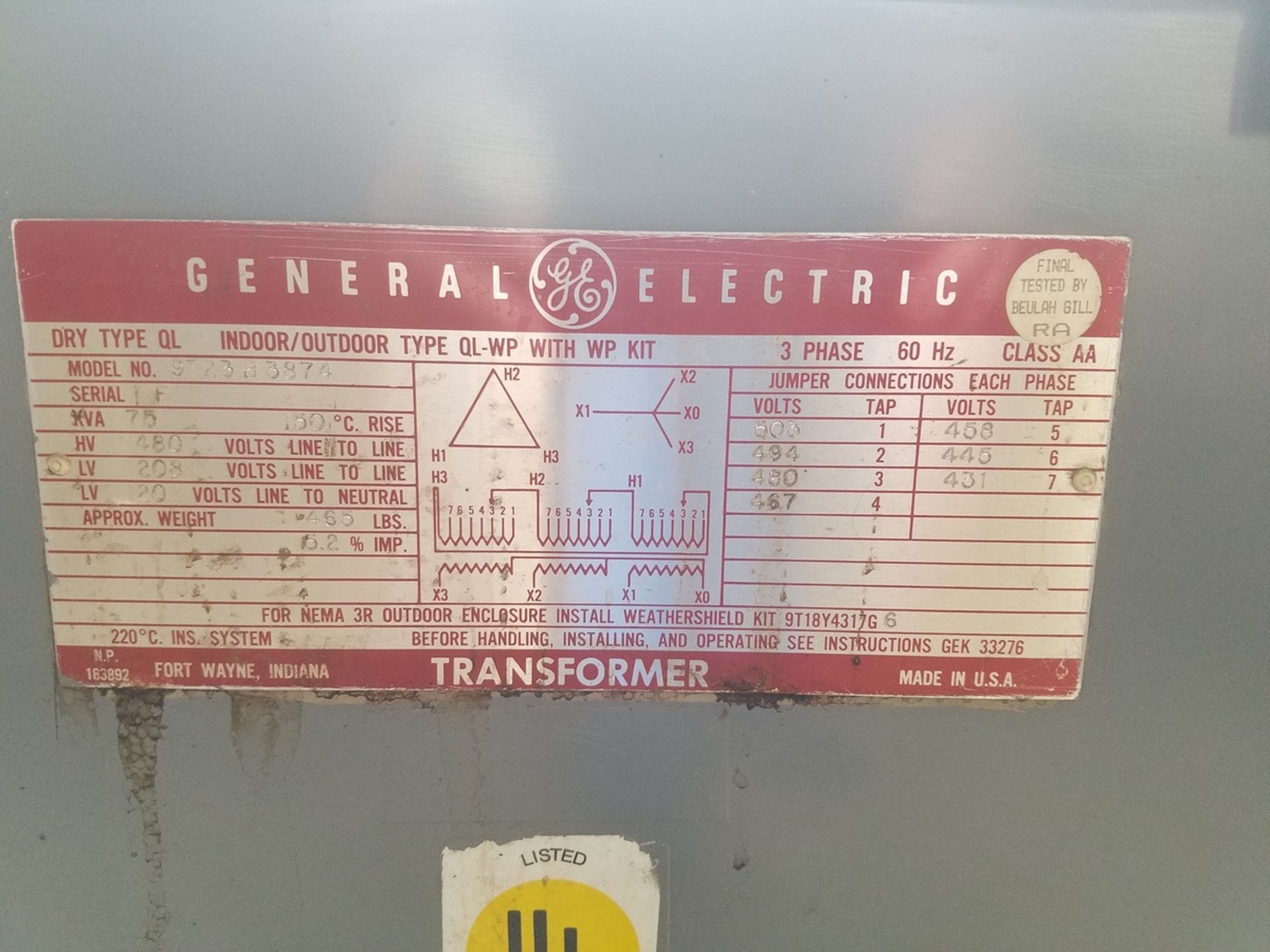 General Electric 75 KVA Transformer | Rig Fee: $200 - Image 2 of 2