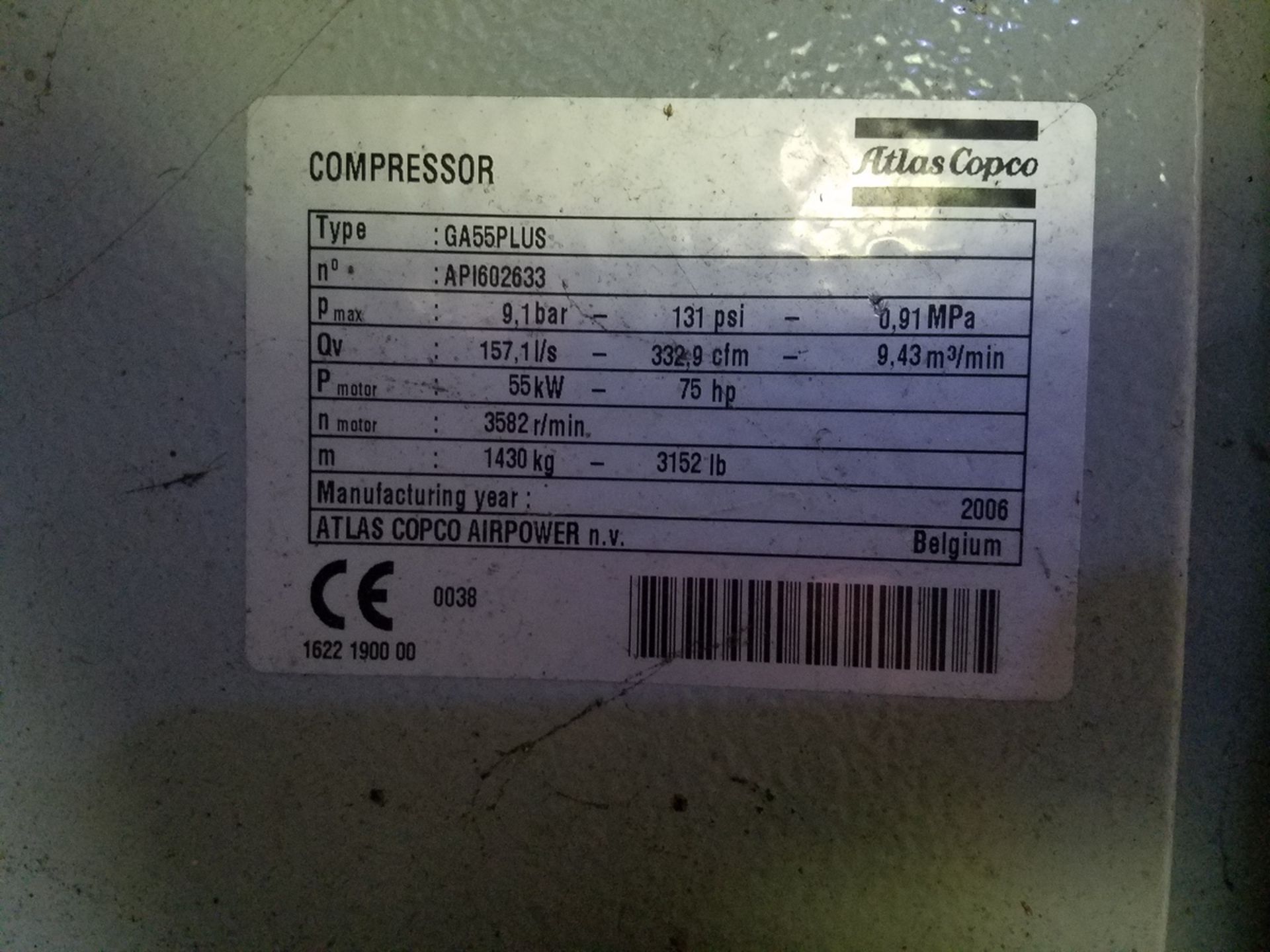 2006 Atlas Copco 75 HP Rotary Screw Air Compressor, M# GA55PLUS, S/N AP1602633, | Rig Fee: $1000 - Image 2 of 5