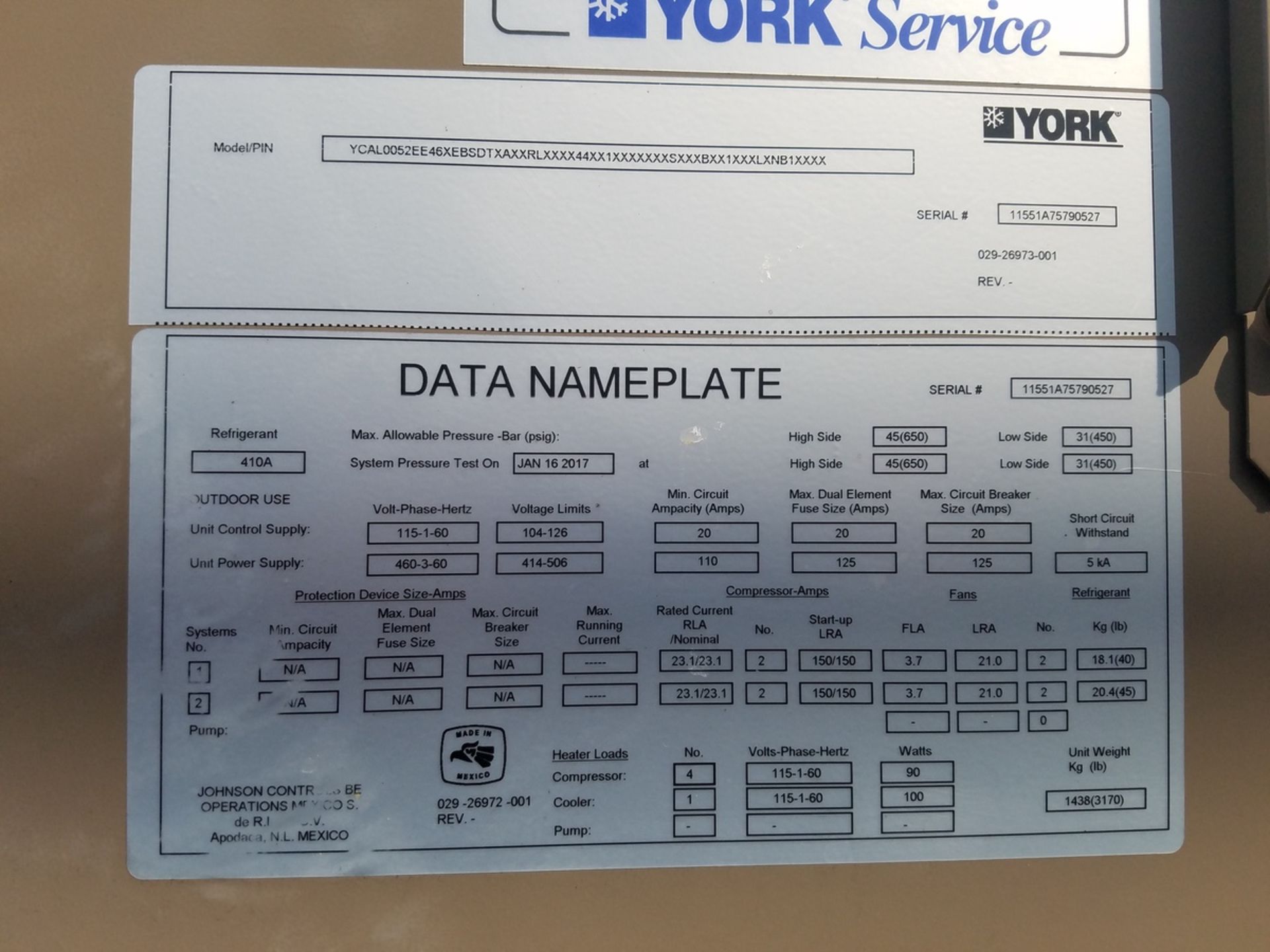 2017 York Chiller, M# YCAL0052EE46É, R410A, Nameplate Data in Photos | Rig Fee: $2700 - Image 2 of 3