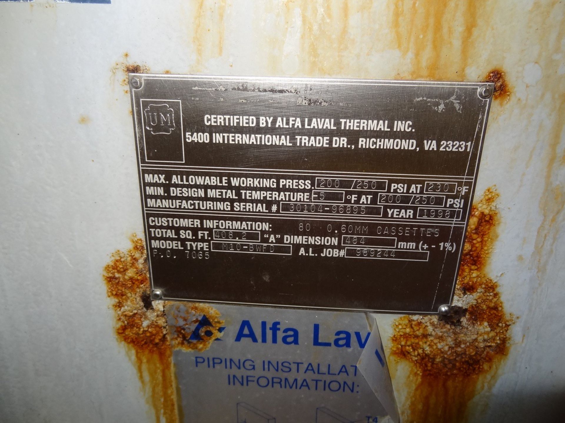 Alfa Laval M10-BWFD Ammonia Plate and Frame Heat Exchanger, 408 Sqft of C | Loc: IN | Rig Fee: $400 - Image 2 of 3